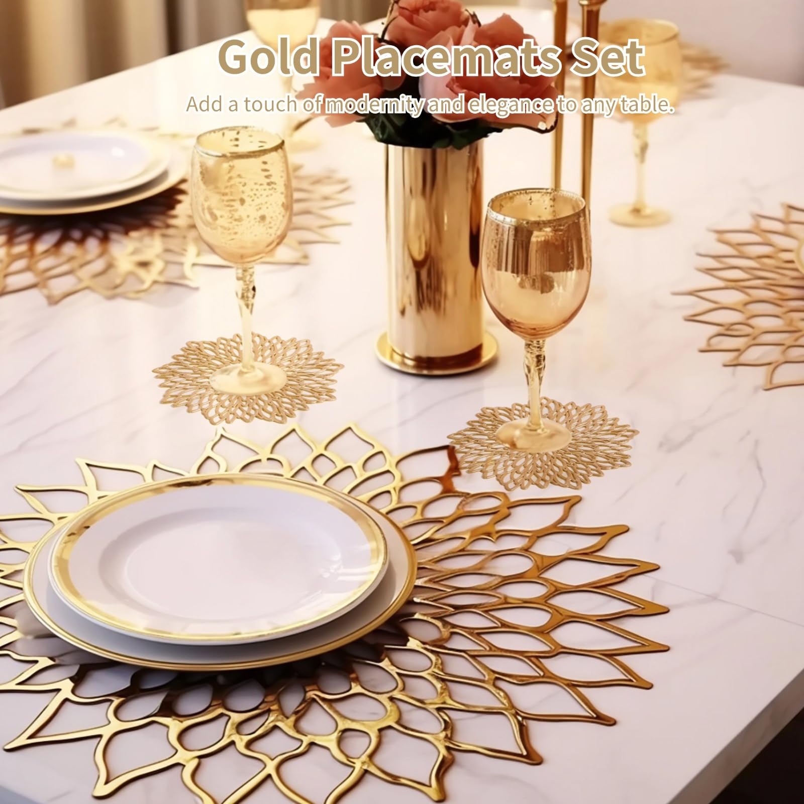12 Charger Plates & 12 Drink Coasters in Gold, Hollow Round PVC Placemats, Heat-Guard Table Decor Set of 24, Great for Weddings and Dinners