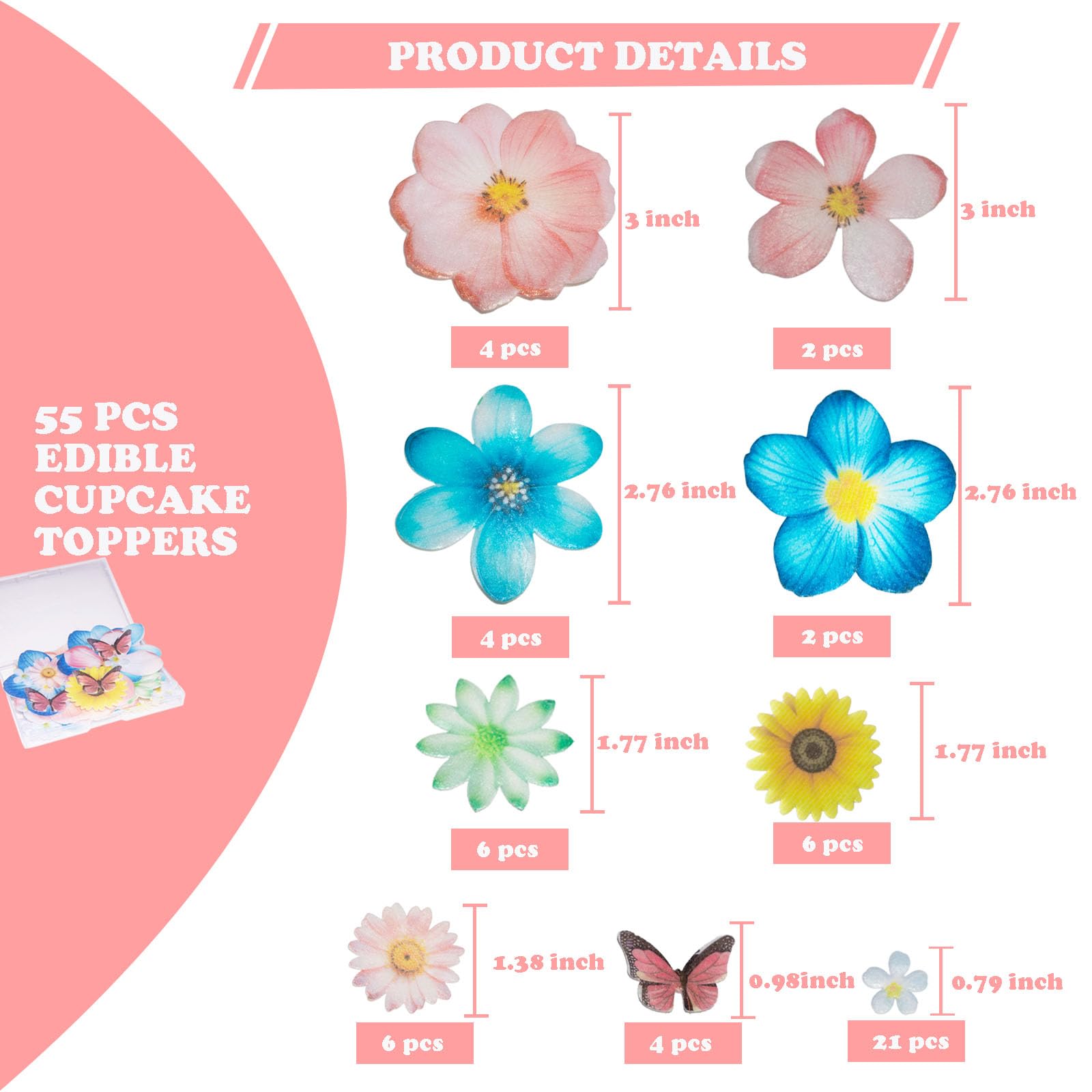 Topapfo 55pcs Edible Flower Butterflies Cake Toppers Cupcake Toppers Wafer Paper Cake Decorations for Themed Party Wedding Bridal Shower Birthday Decorations