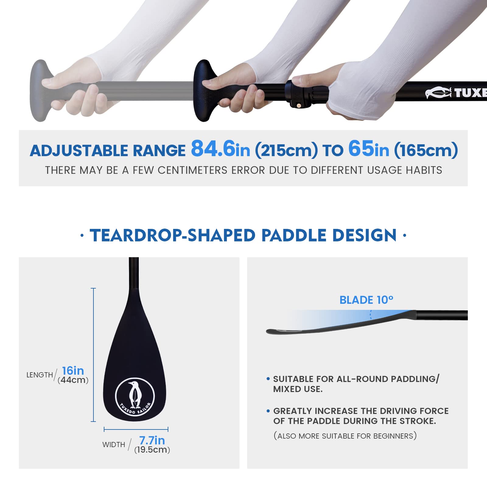 Tuxedo Sailor Sup Paddles - Adjustable Stand Up Paddle 3 Piece or 4 Piece Floating Alloy Portable Paddle Board Paddles - Lightweight & Floating oars - Durable and Packable - Efficient Padding
