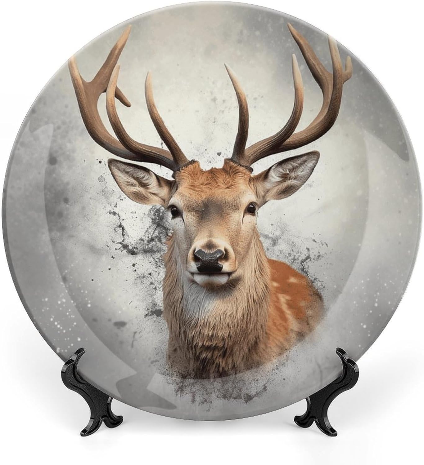 Animal Deer Ceramic Plate 10inch Decorative Bone China Wall Hanging Ornament Plates Bohemian Style Dinner Plate with Display Stand Cabinet Display Plates for Home Art Decor