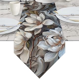 Abstract Grey Magnolia Flowers Table Runner 72 Inches Long Linen Table Runners Table Dresser Runner for Dinner Party Home Decoration 13x72 Inch
