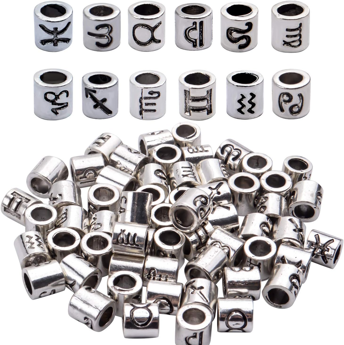 60pcs Antique Zodiac Spacer Beads Alloy 12 Constellations Tube Charm Beads with 4.7 mm Large Hole Horoscope Beads