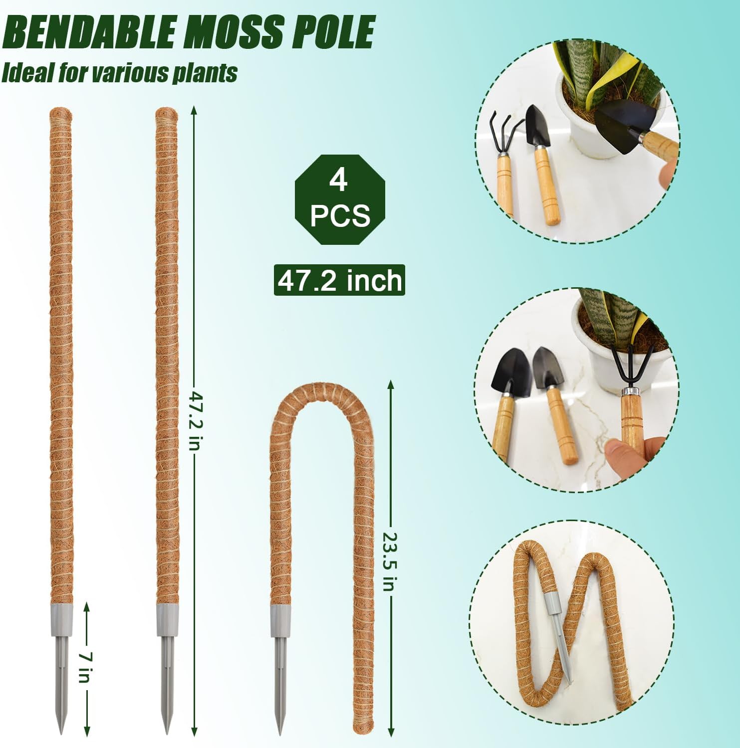 4 Pack Moss Pole, 47 Inch Moss Poles for Climbing Plants Monstera, Bendable Coir Plant Stakes for Potted Plants, Philodendron, Pothos (47.2" x 4pcs)