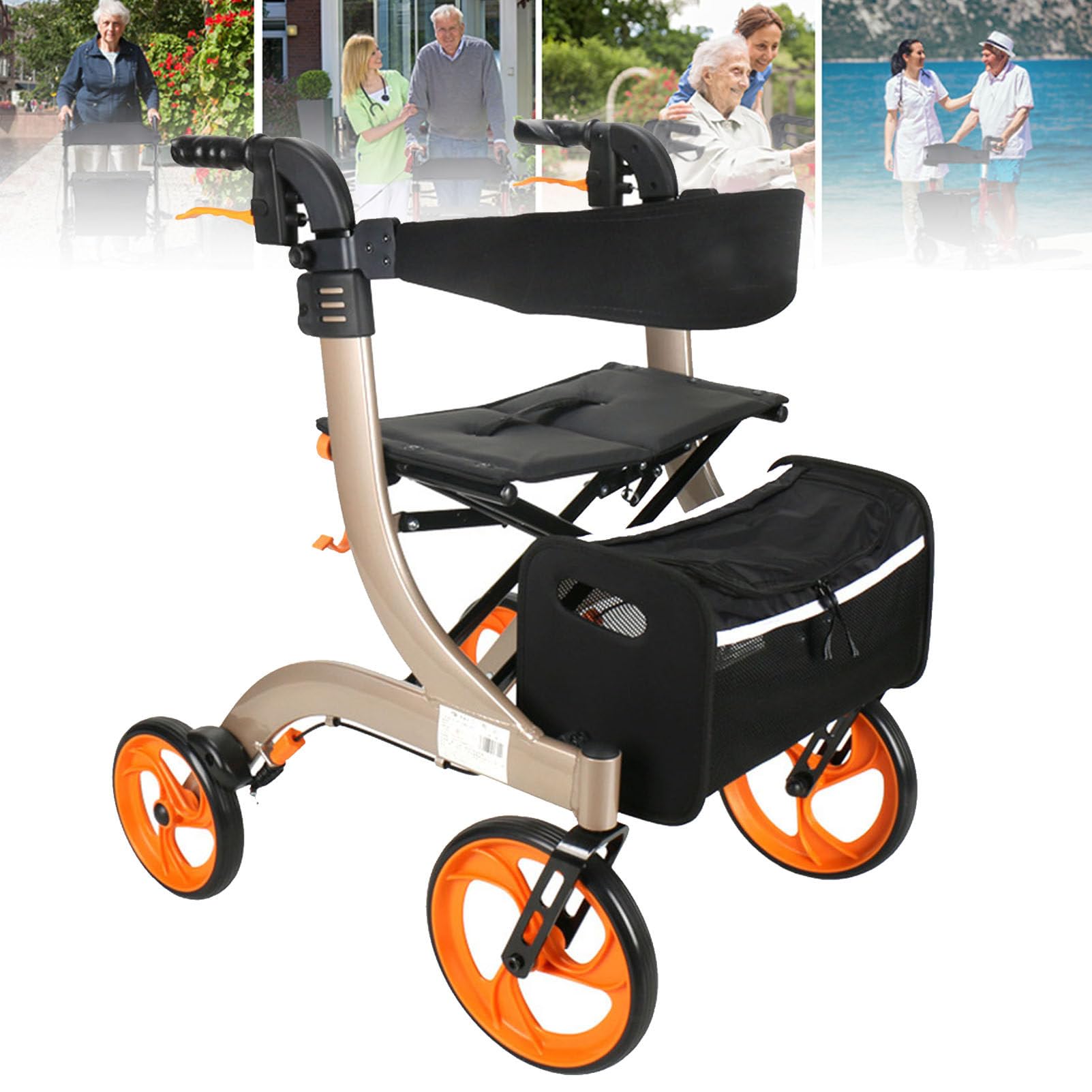 Carrozzine elettriche Leggere per Adulti, deambulatore, Sedia a rotelle elettrica Pieghevole con Doppi Freni, Sedile e Borsa portaoggetti Staccabile, Altezza Regolabile,ChampagneColor