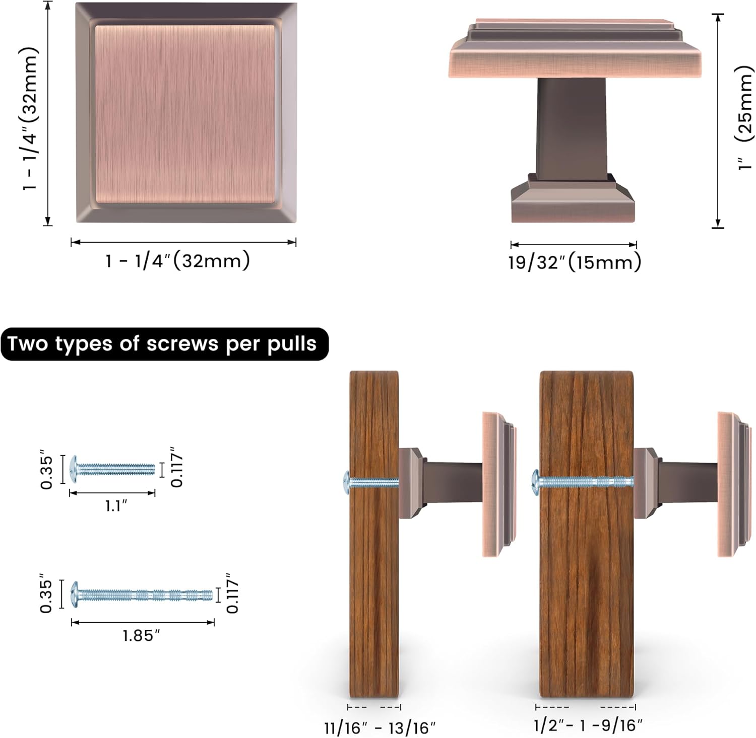 20 Pack 1-1/4 inch Kitchen Cabinet Knobs Antique Copper Cabinet Dresser Drawer Knobs Solid Alloy Square Vintage Copper for Cupboard Drawer Dresser