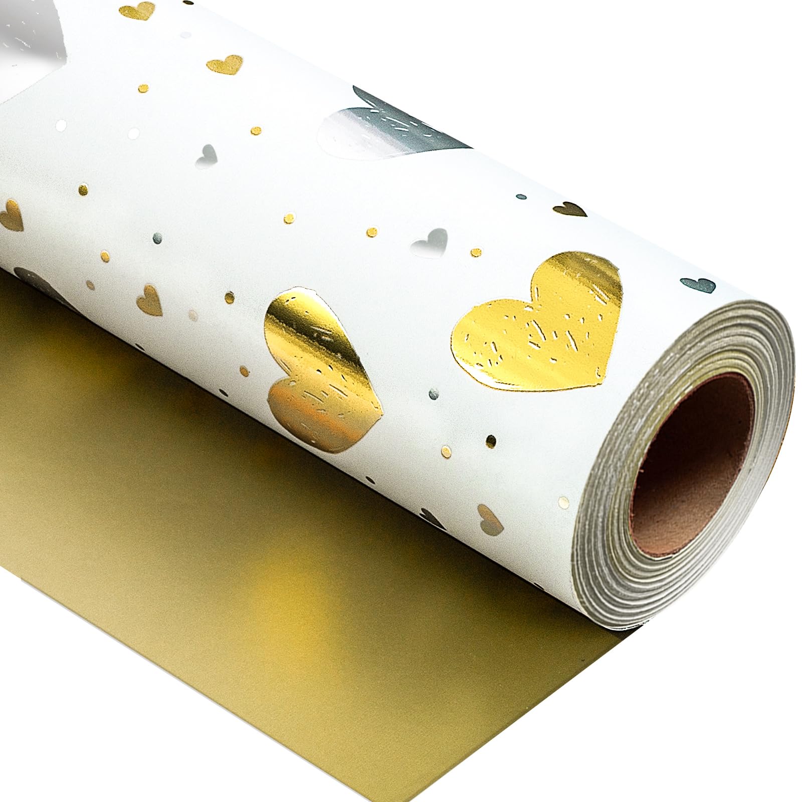 Burymento Gold Foil Heart Wrapping Paper, Reversible Gold Gift Wrap for Birthday, Valentines, Mothers day, Graduation, Wedding, Fathers day, Baby