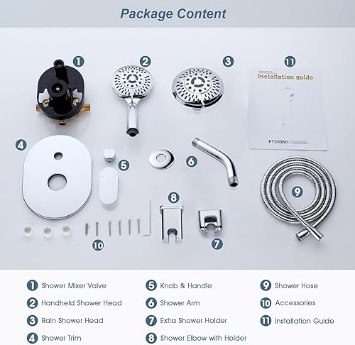 Miniatura 8 de BRIGHT SHOWERS Juego de grifo de ducha, sistema de cabezales de ducha con cabezal de ducha de lluvia y cabezal de ducha de mano, válvula de ducha y