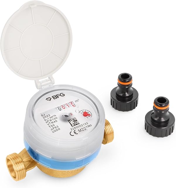 BFG Water Meter Gauge 360° Adjustable Rotary Counter for Home & Garden 1.5 m3/h, Max Pressure 16 Bar Max Temperature 30°C with Garden Brass Connectors 1.5m3/h