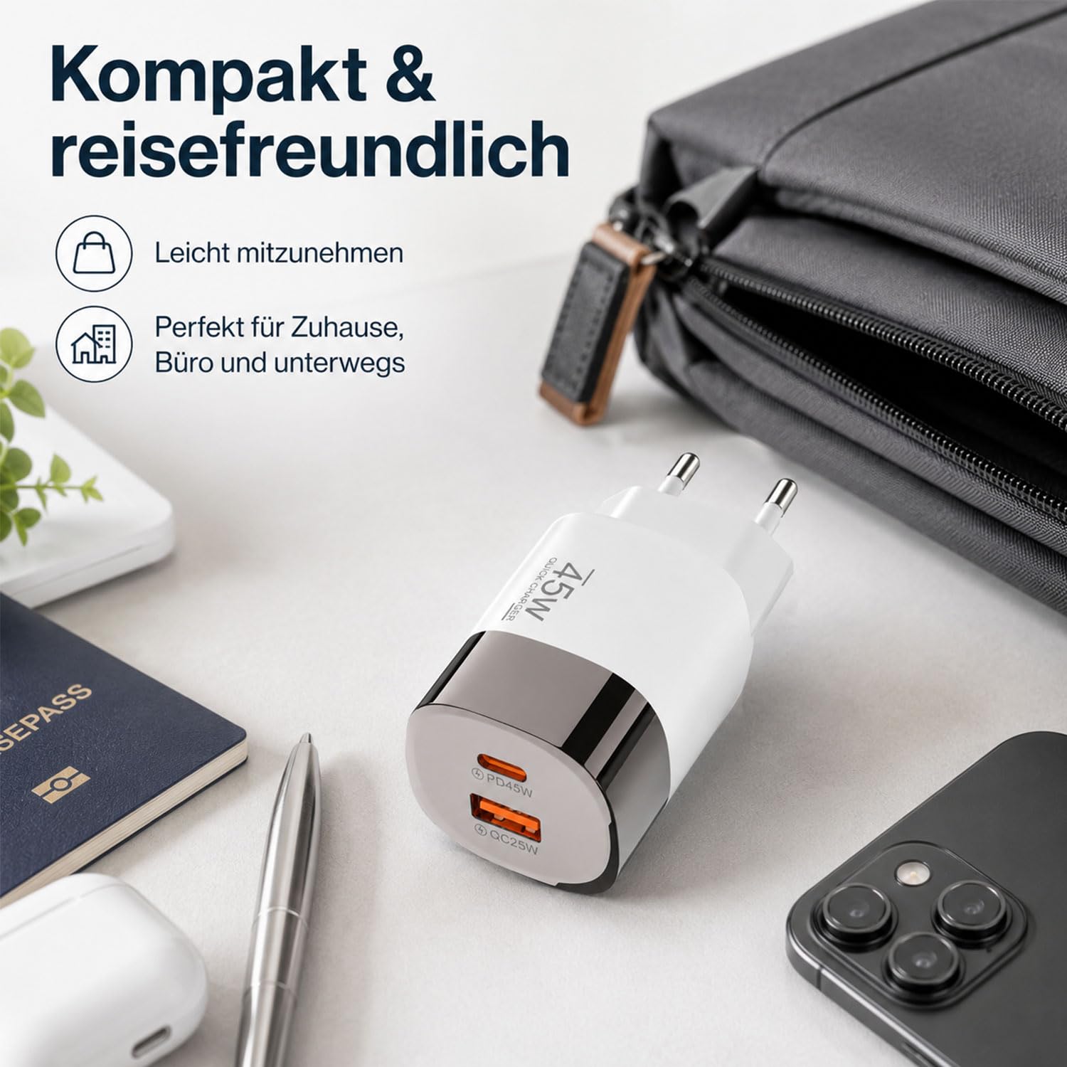 ERBO ładowarka USB C 45W, 2 porty szybkiego ładowania USB-C, zasilacz sieciowy PD, szybkie ładowanie do Samsung Galaxy S25/S24/S23, iPhone 17/16/15, iPad, Google Pixel i tablet, biały