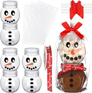 6 Set Christmas Hot Cocoa Bar Supplies Snowman Hot Chocolate Jars Accessories 8.45 oz Clear Snowman Storage Container Kit with Lids Ribbon Bow Bags for DIY Xmas Holiday Winter Party Favors
