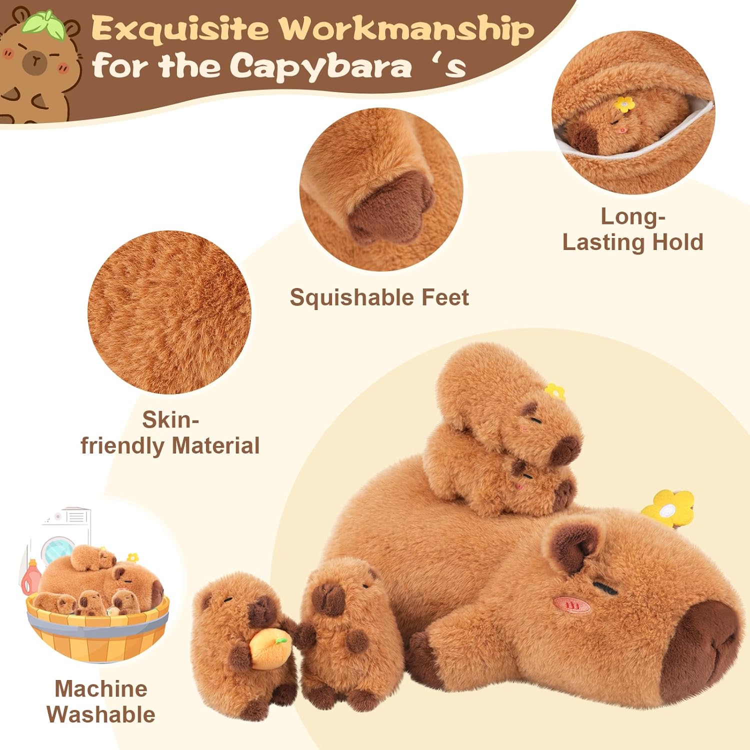 Flower Capybara Stuffed Animal with Babies Inside, 5PCS Capybara Plush Set with Mommy & 4 Baby Capybaras, Soft Plush for Bedroom Decor, Birthday Easter Gift for Kids & Capibara Lovers