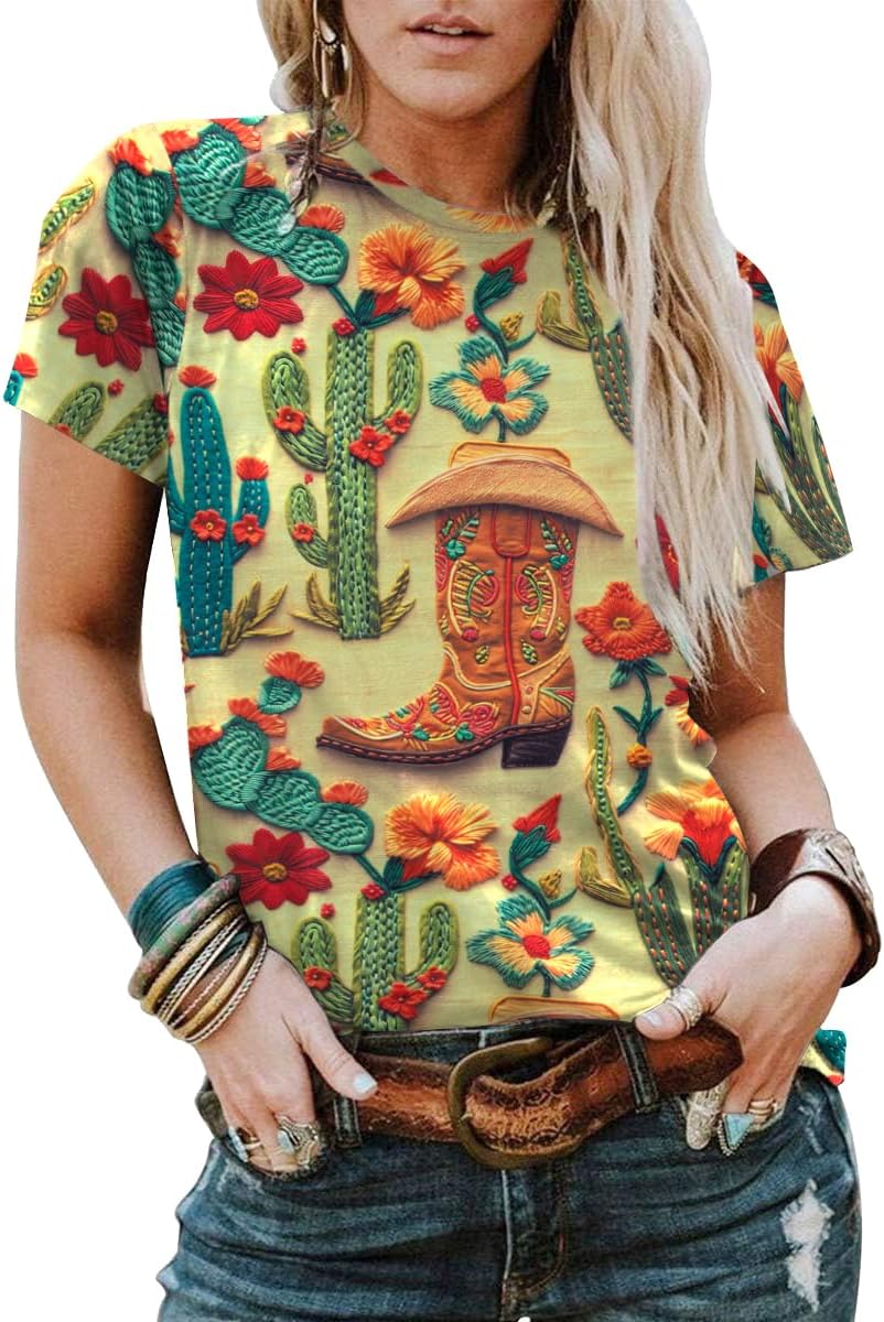 Boho Western Cowgirl Shirts for Women: Vintage Western Rodeo Graphic Tee Cowgirl 3D Digital Printing Short Sleeve Tops