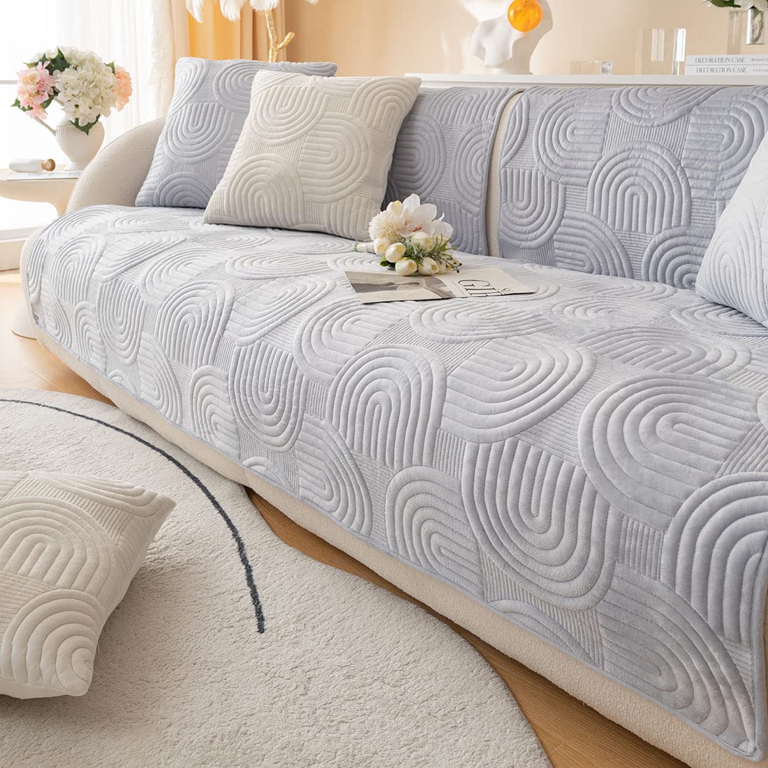 XSlive Soft Plush Geometric Quilted Couch Sofa Cover Boho Non Slip Fuzzy Sectional Couch Cover Solid Color Washable Sofa Slipcover Furniture Protector