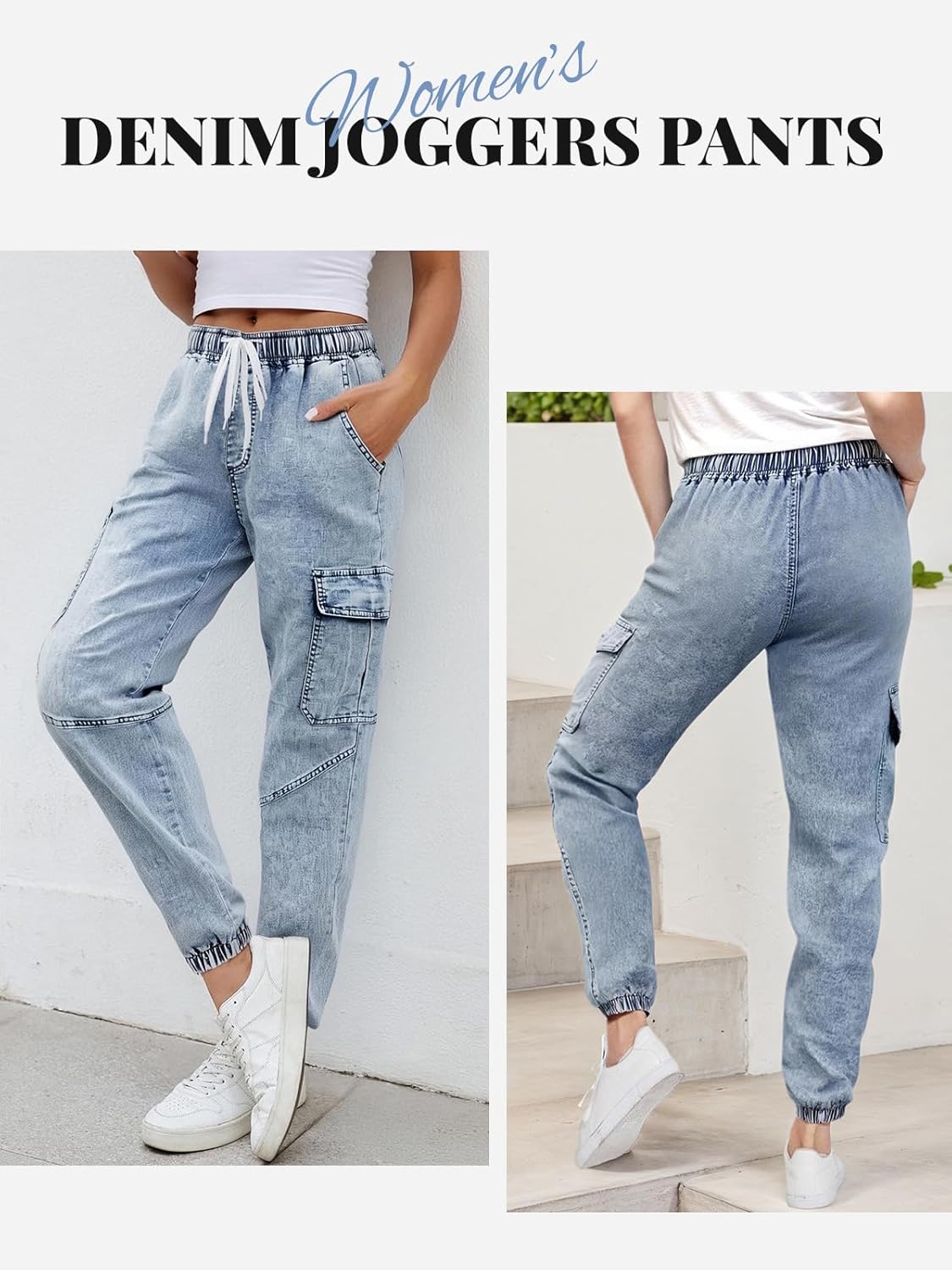 Women’s Jeans High Wasited Drawstring Jean Joggers for Women Stretch Elastic Waist Denim Pants - Image 3