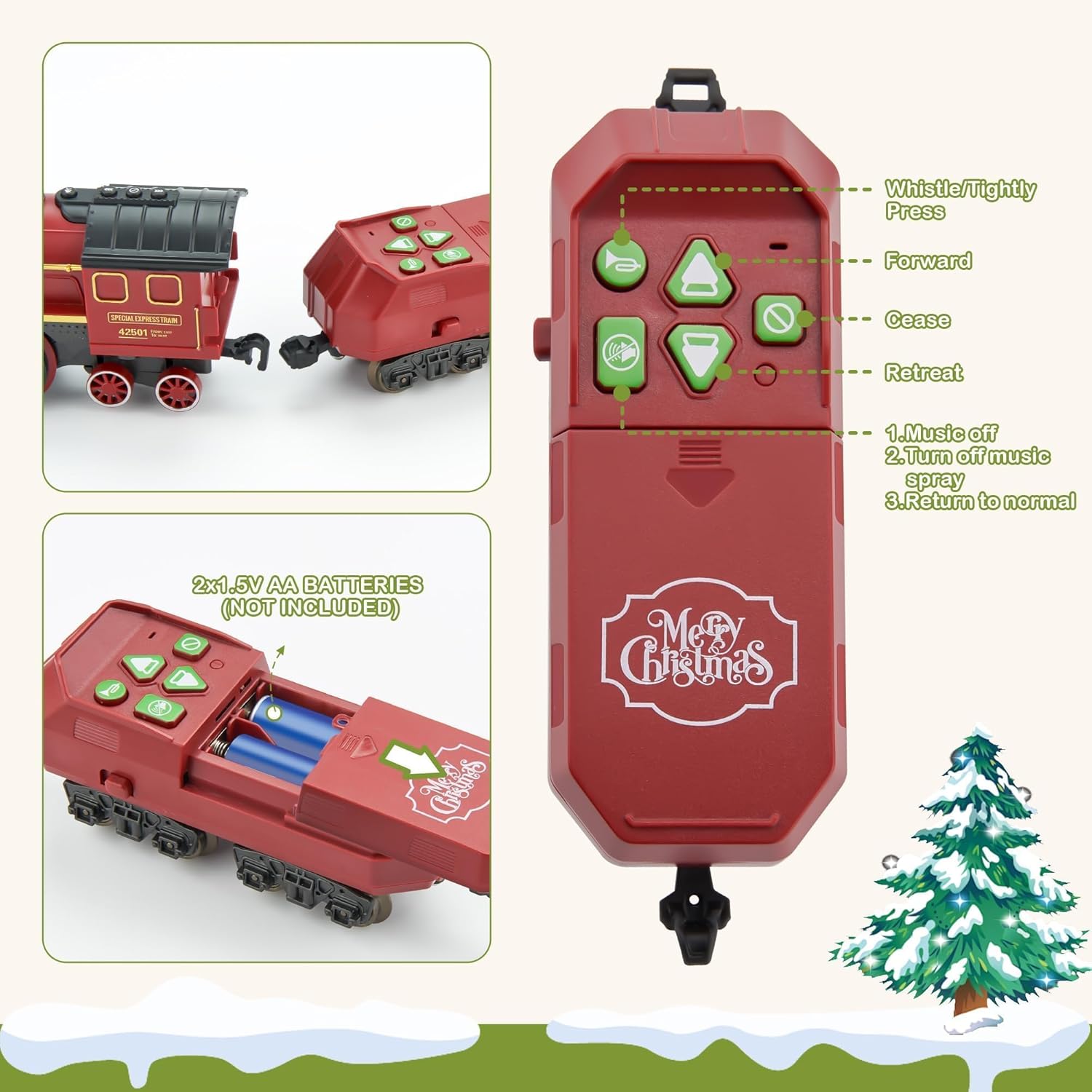 Detailed diagram of the remote control for the VigorFun train set, showing buttons for whistle, forward, cease, retreat, music, and spray (smoke).