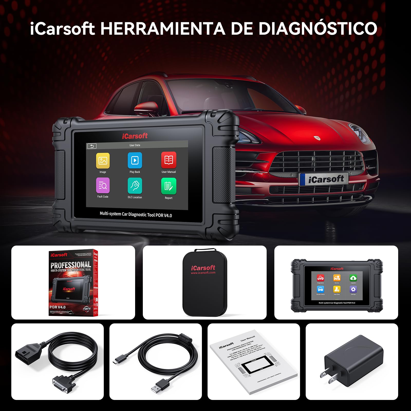 iCarsoft por V4.0 Herramienta de Diagnóstico para Porsche +2 Marcas de Vehículos Extra, Escáner OBD2 con Prueba Bidireccional/26 Servicios (177 Subservicios) +66 Servicios Extra, Registro de Batería
