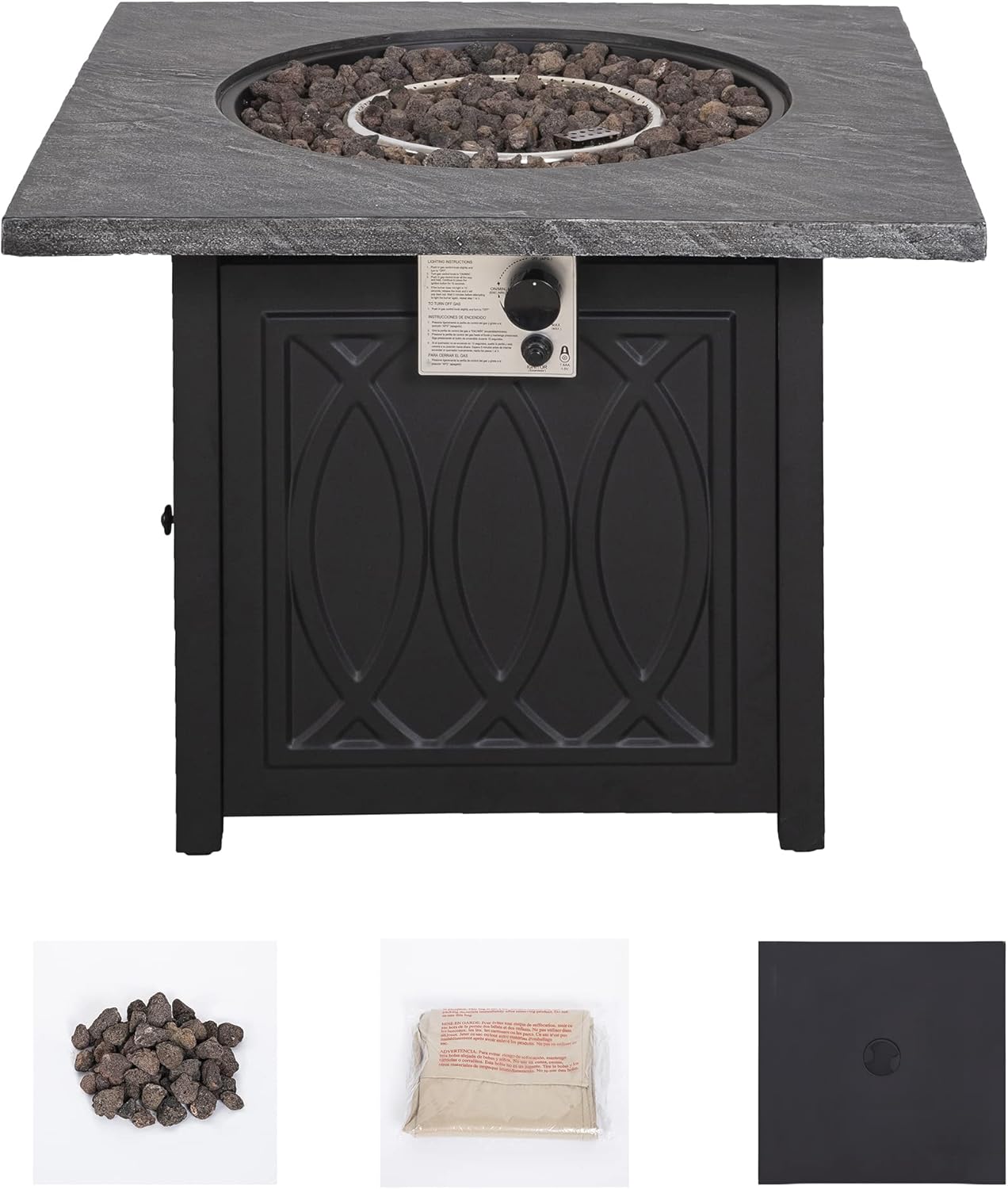 32" Square by 25" high Black Fire Table with Granite Look top, Patterned Sides.