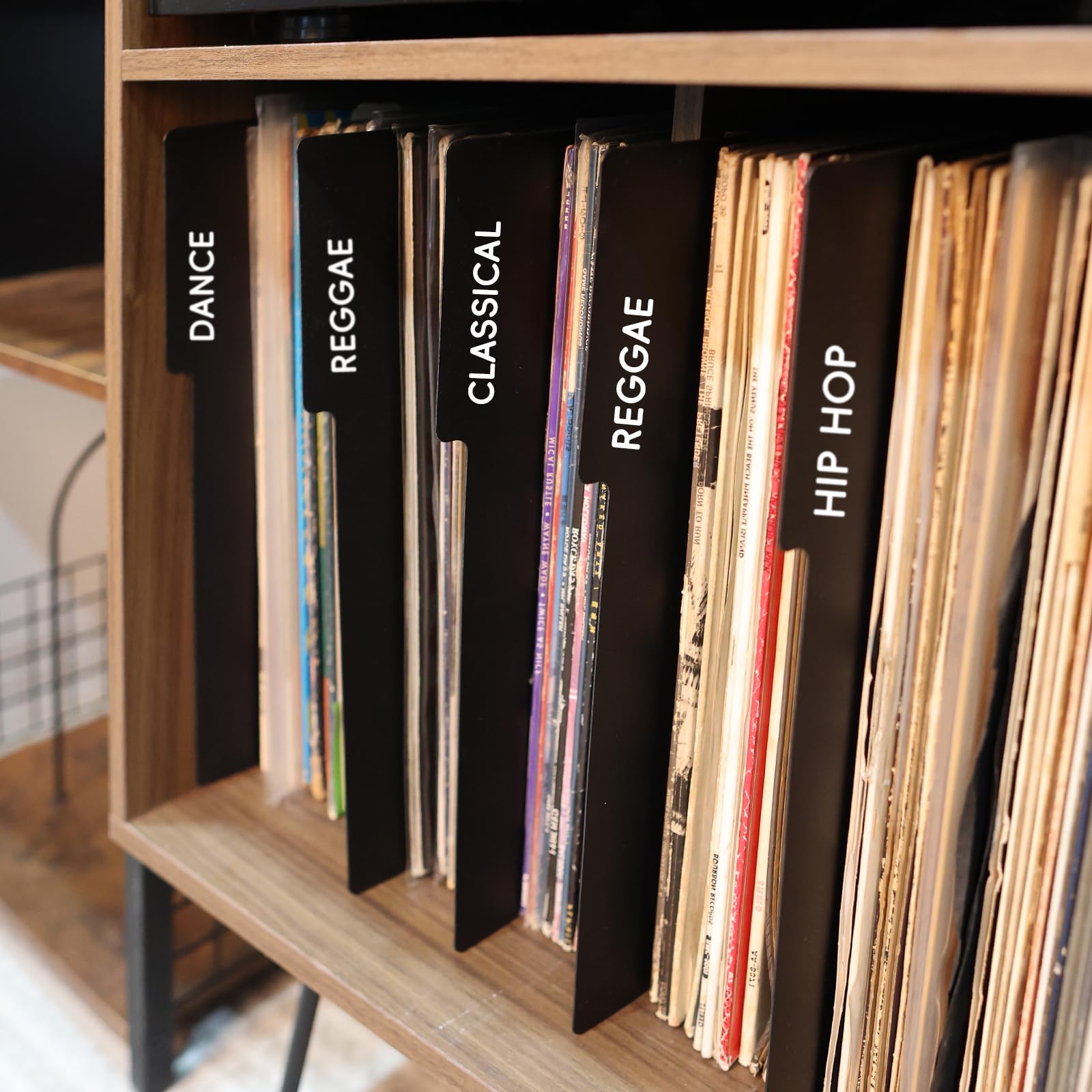 MayRecords 30 divisores de discos de vinilo de 12.9 pulgadas, organizador de discos de plástico de doble cara negro para caja de álbum y organización de discos de vinilo DVD, separadores de tarjetas