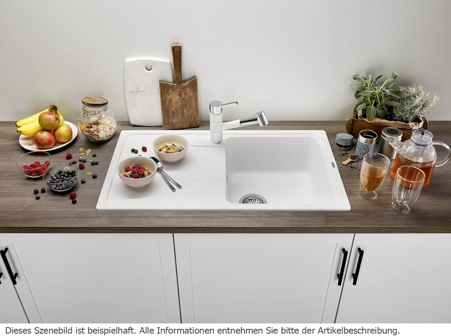 Blanco Sona 6 S Silgranit PuraDur kitchen sink in white, installed in a kitchen countertop with various food items.