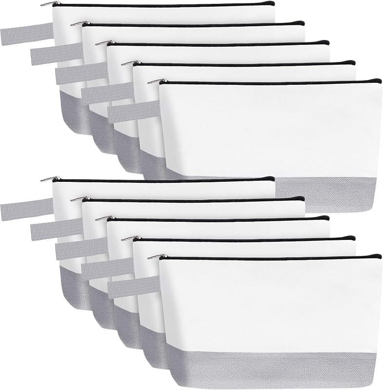 Sinzip Pacote com 10 necessaires de lona de algodão com zíper e alça, Branco e Cinza, tamanho M