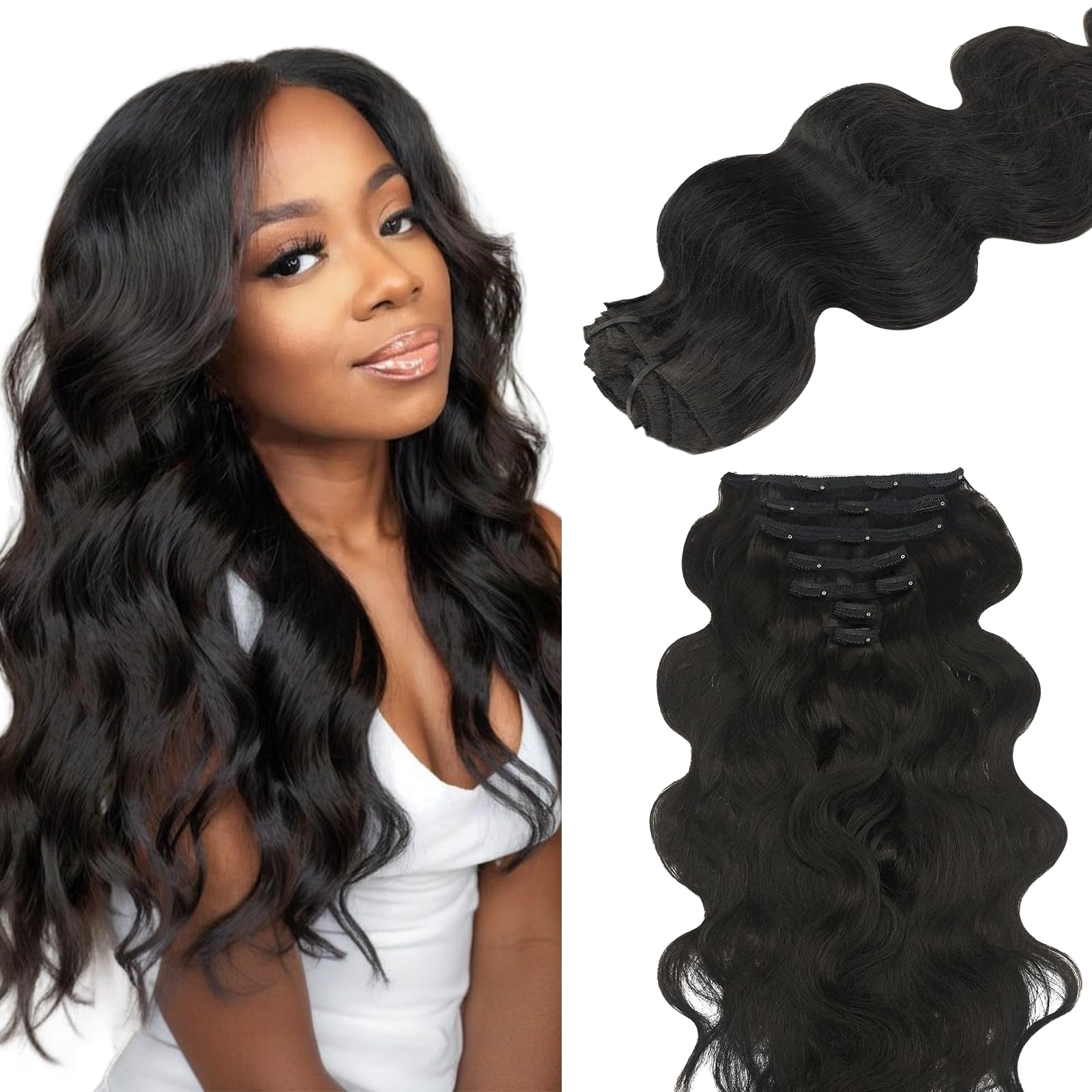 Lashey Clip in Hair Extensions 7pcs 120g Body Wave Remy Human Hair Extensions for Women 16 Inch Natural Black Hair Extensions with Lace Weft