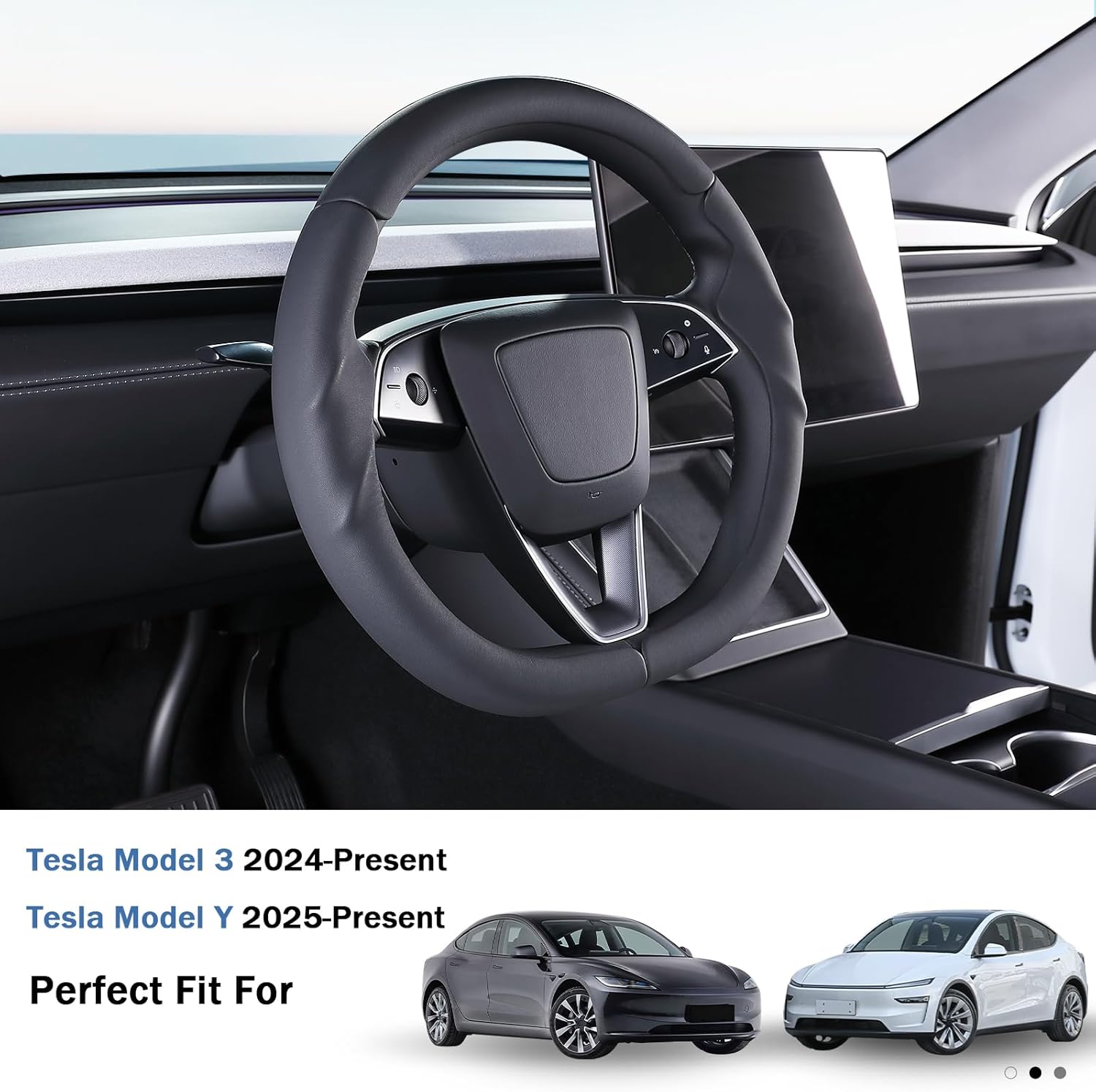 Steering Wheel Cover for Tesla Model 3 2024-Present Highland/Tesla Model Y Juniper 2025-Present, Leather Steering Wheel Cover for Tesla Model 3 Highland/Y Juniper Accessories, Black
