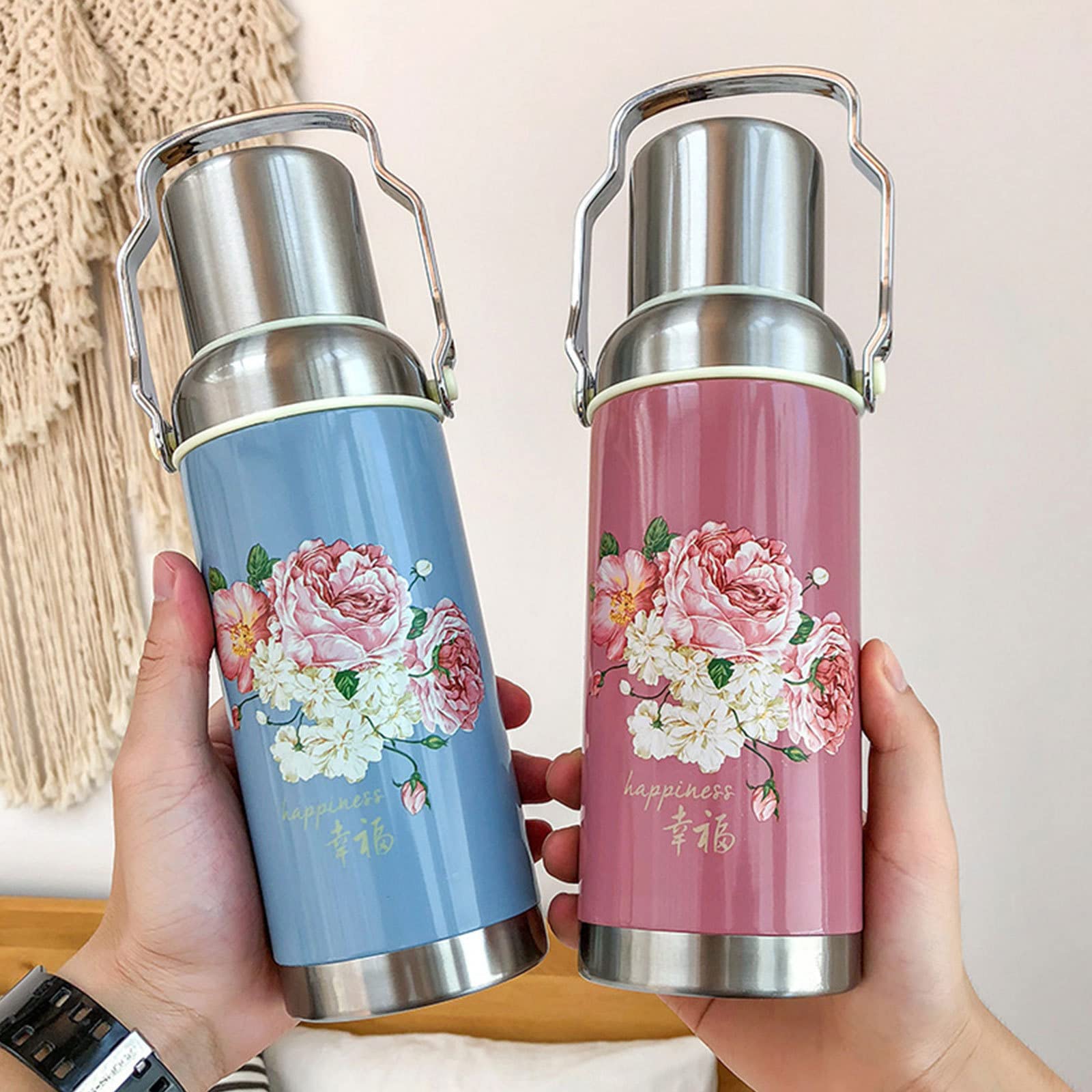 Izolowana karafka termiczna ze stali nierdzewnej retro ceramiczny czajnik 53 ml butelka próżniowa z podwójnymi ściankami kubek podróżny do kawy napojów butelka z pokrywką ciepła i zimna (600 ml, stal nierdzewna), różowa