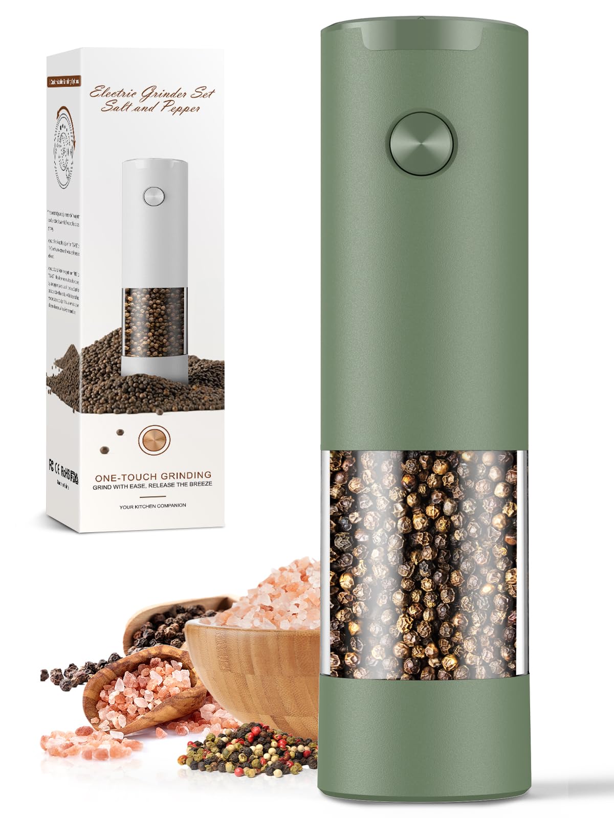 1 Pack Salt and Pepper Grinder-Mom Gifts, Electric Automatic Green Salt Pepper Shakers Home Kitchen Gadgets for New Home, Adjustable Coarseness Pepper Grinder Kitchen Appliances