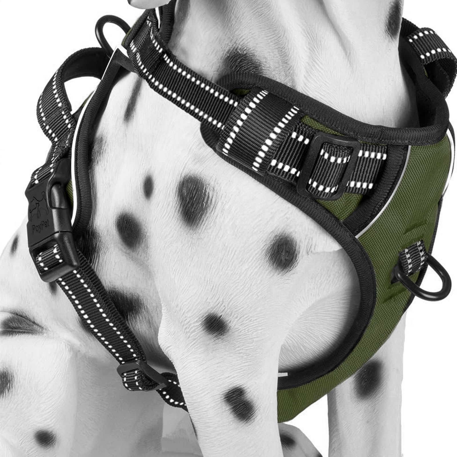 PoyPet No Pull Harnais pour chien - Harnais réfléchissant avec 2 attaches de laisse et poignée de contrôle simple pour chiens de petite et moyenne taille (vert armée, taille L)