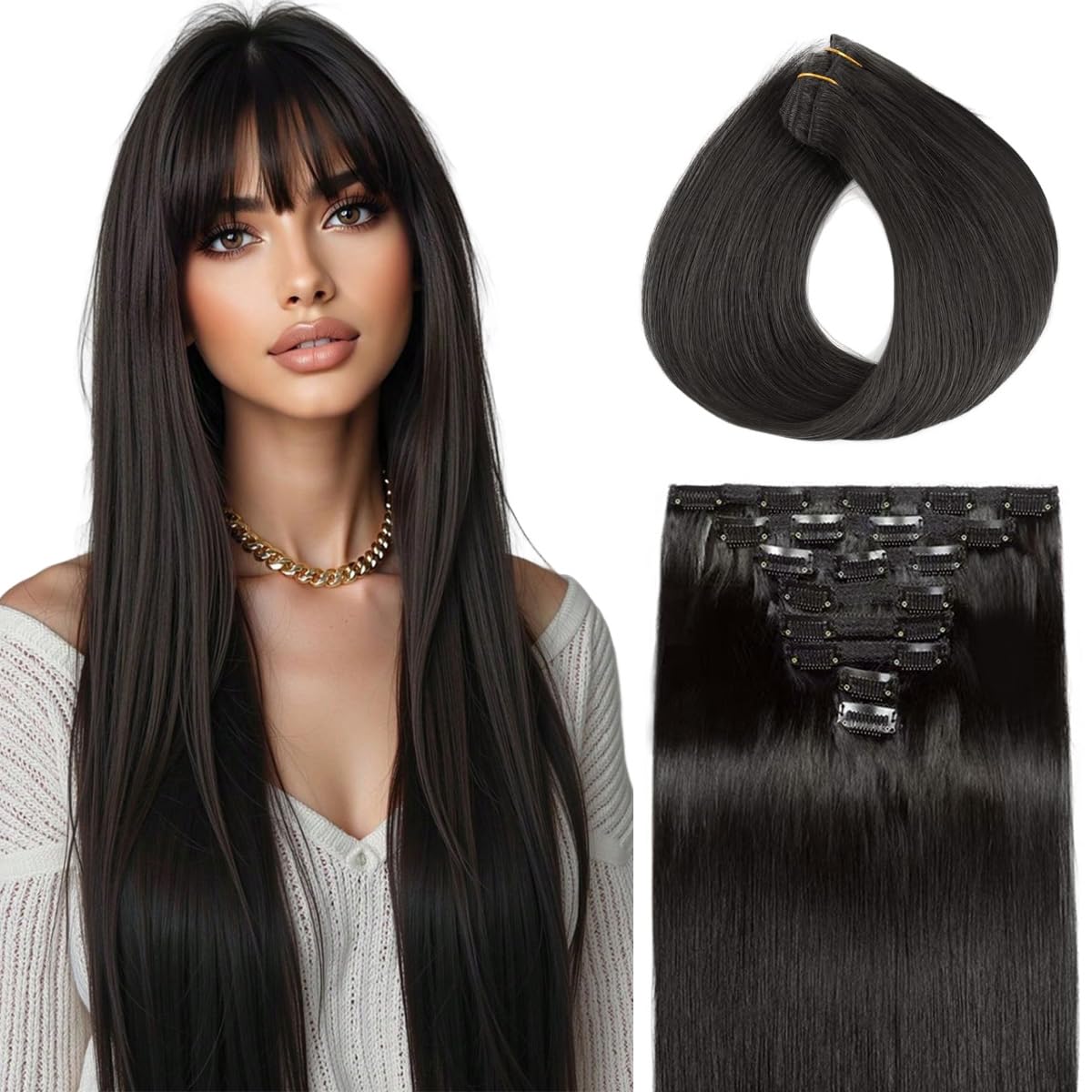 Clip in Hair Extensions Real Human Hair #1B Natural Black Remy Extensions