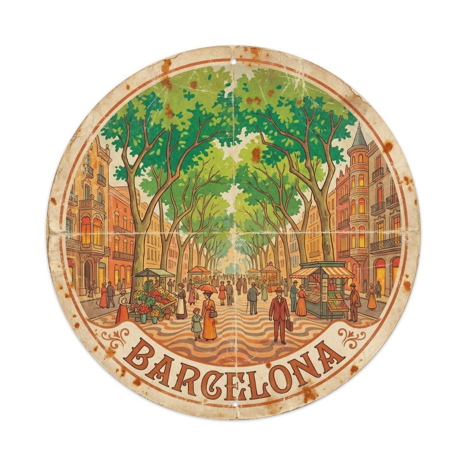 Vintage Travel Barcelona Ramblas Boulevard Metal Tin Sign Plaque Wall Decor for Cafe, Club Bar, Office, Home Garden Round Metal Poster 8x8Inch