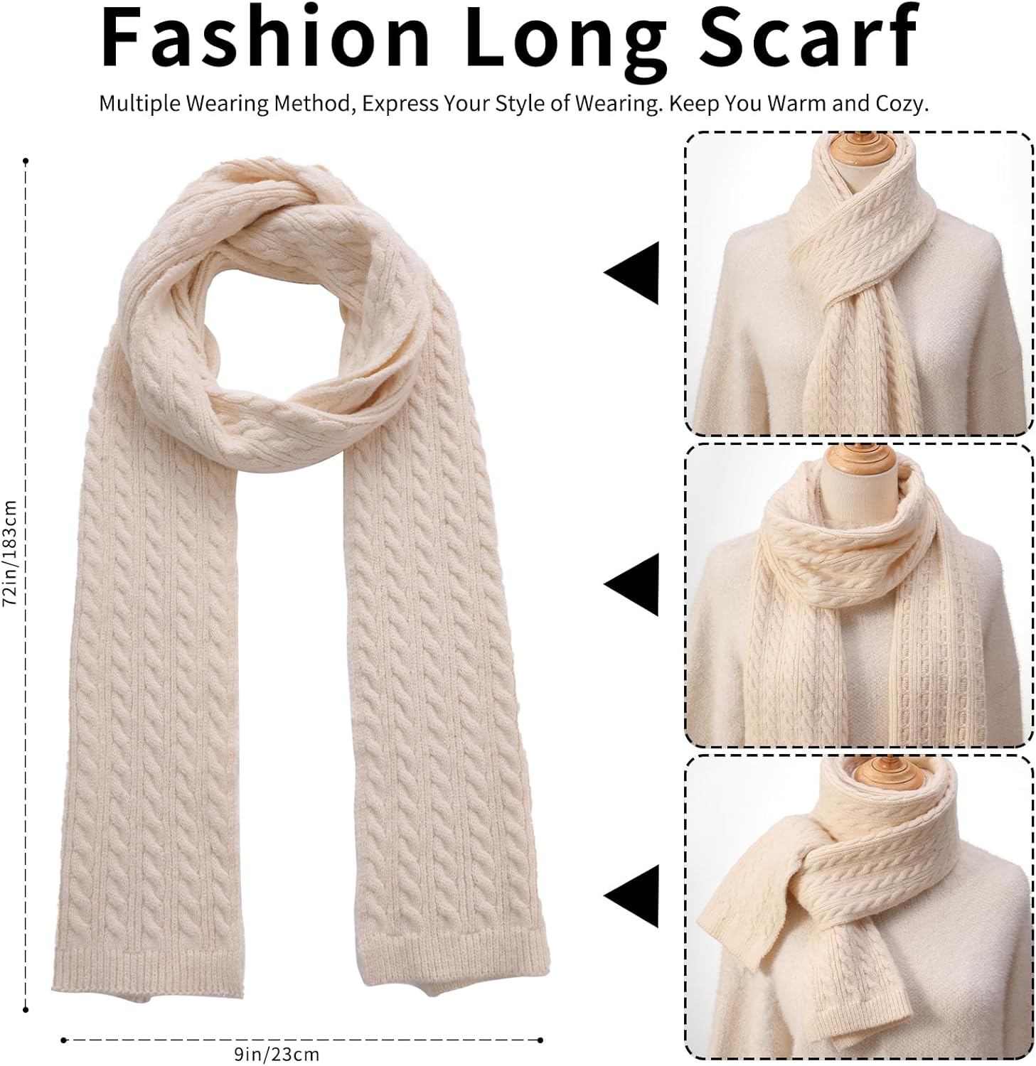 Winter Hat Scarf Gloves Set for Women, Classic Cable Beanie with Removable Pom Pom Long Scarf Touchscreen Gloves 3 in 1 Set - Image 6