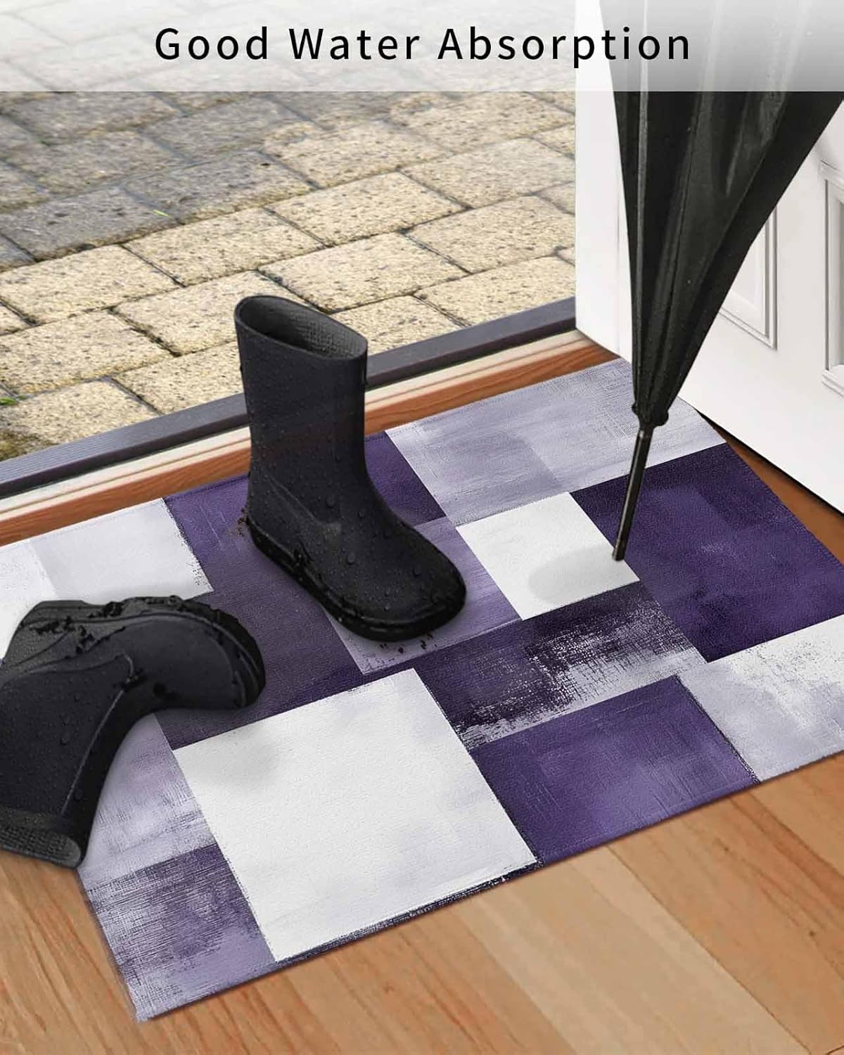 Kitchen Rug Non-Slip Doormat, Geometric Purple White Graffiti Entryway Rugs Absorbent Door Mat, Abstract Color Block Washable Front Doormats for Bathroom,Bedroom,Indoor Decor