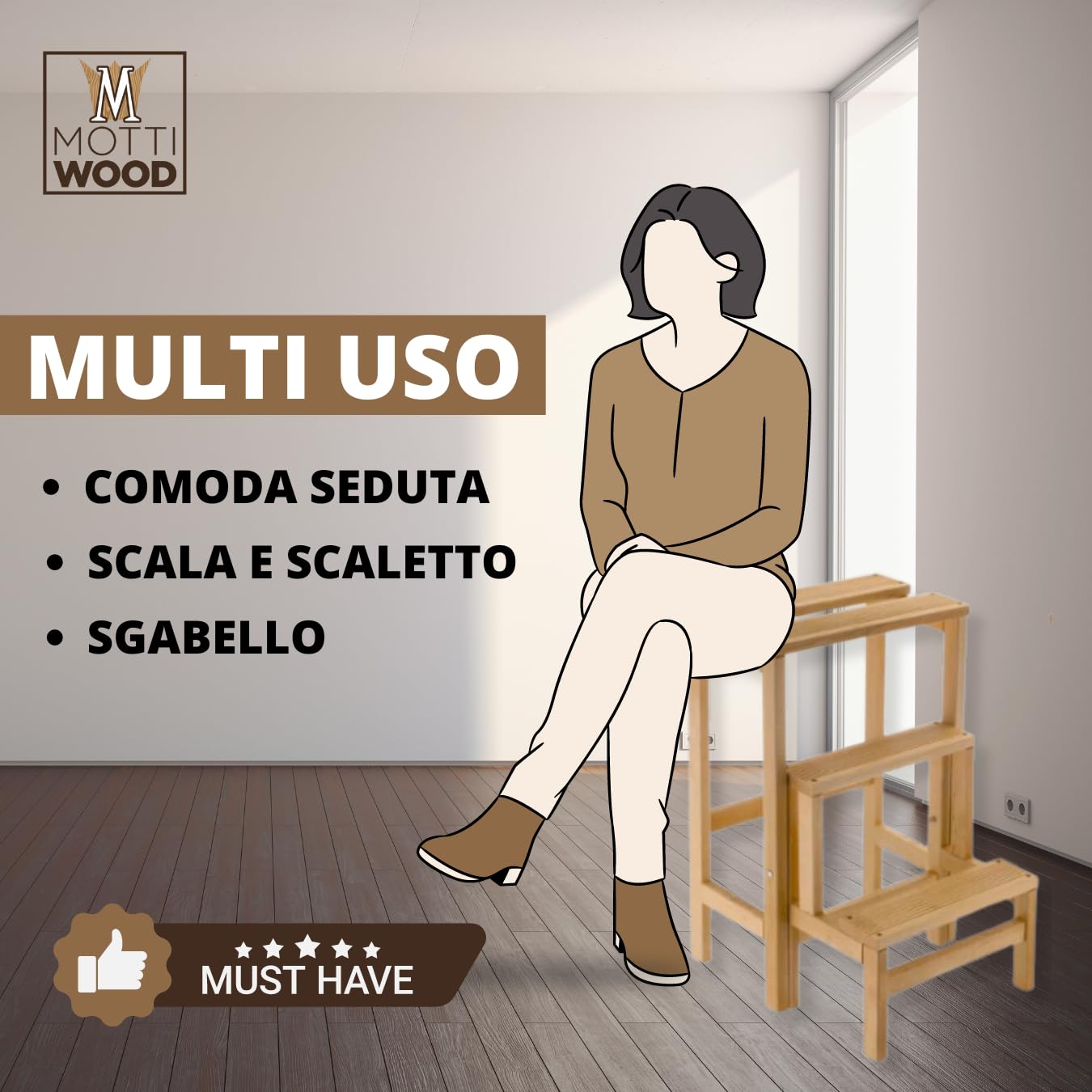 Taburete escalera con solapa, 3 peldaños, plegable, antideslizante, ahorra espacio, madera de haya, dimensiones: 37 x 42,5 x 58 cm (A2782)
