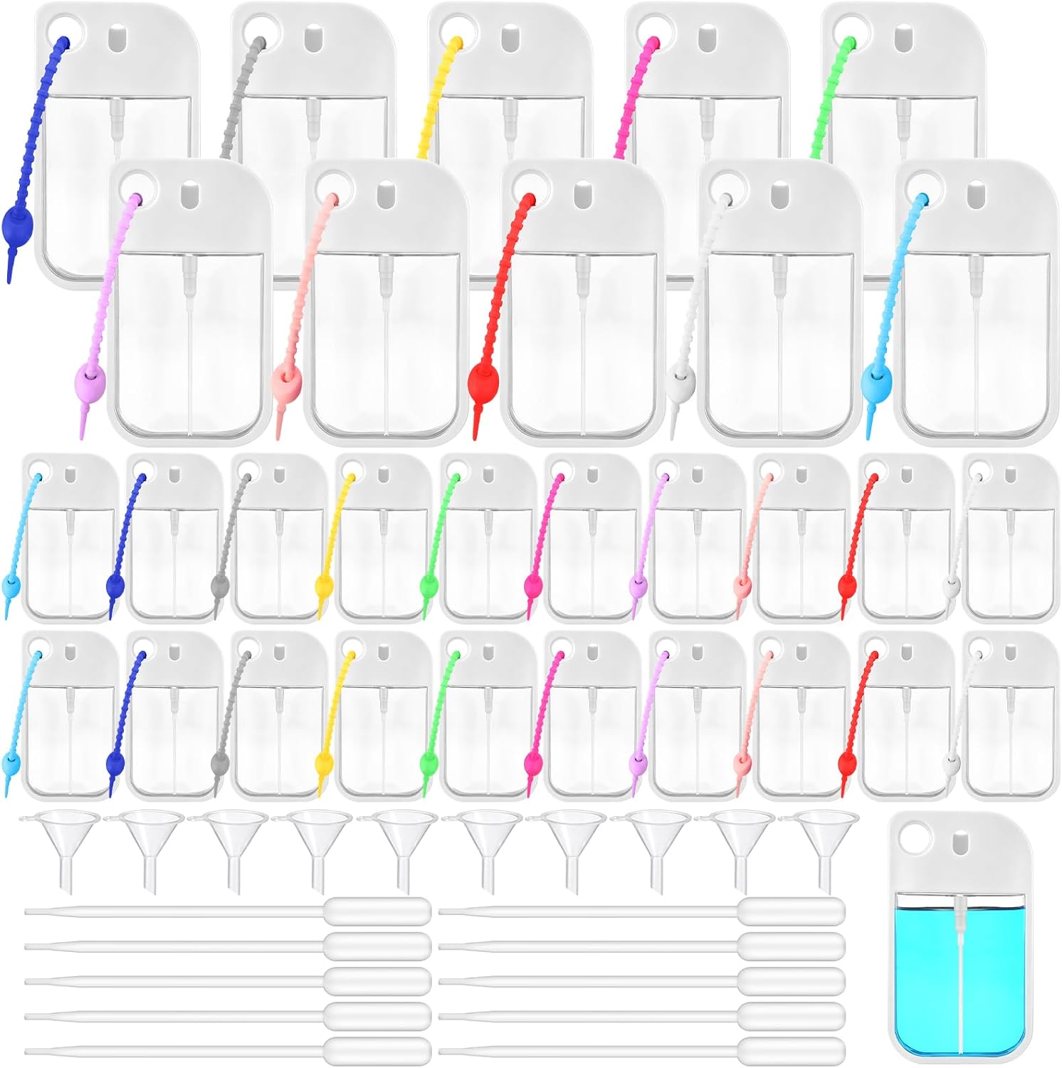 Rtteri 50 Pack 40ml Refillable Travel Spray Bottles, Portable Empty Fine Mist Containers with Lanyard, Leakproof Hand Sanitizer & Perfume Bottles for Travel, School, Party Favors & Daily Use