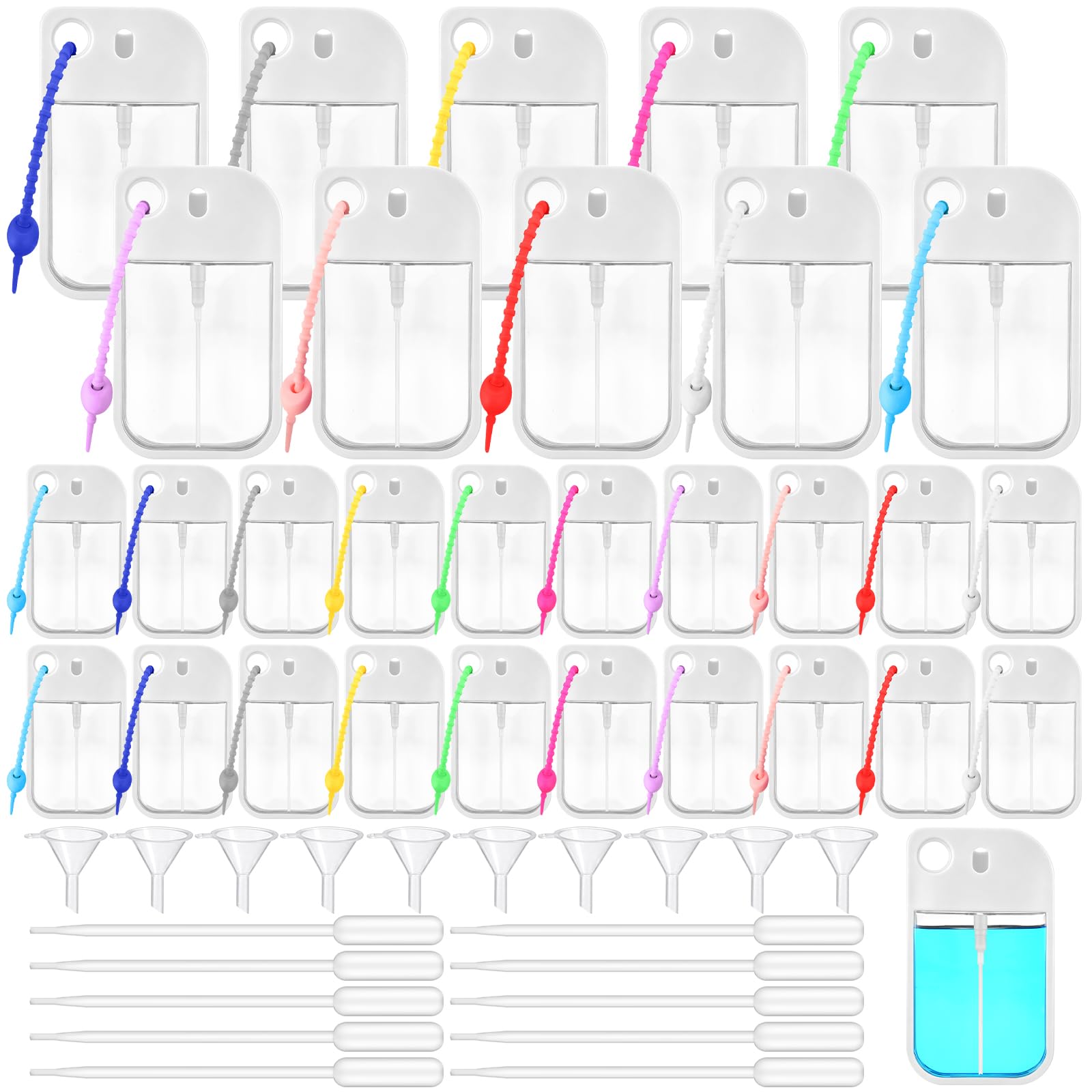 Rtteri Leere Händedesinfektionsmittel-Sprühflasche, Reisegröße, Mini-Händedesinfektionsmittel, Gummi-Umhängeband, tragbar, nachfüllbar, Parfümflasche, Trichter, Tropfer für Geldbörse, Rucksack