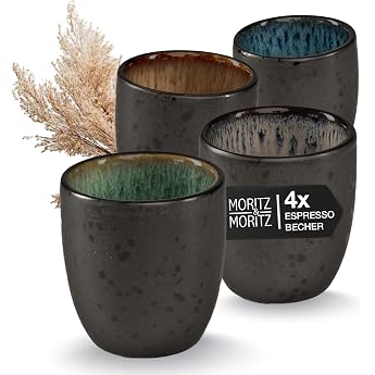 Moritz & Moritz Solid Espresso Cups Pack of 4 Stoneware 70 ml Reactive Design with Coloured Inside Robust Small Coffee Mugs Easy to Stack and Easy to Clean