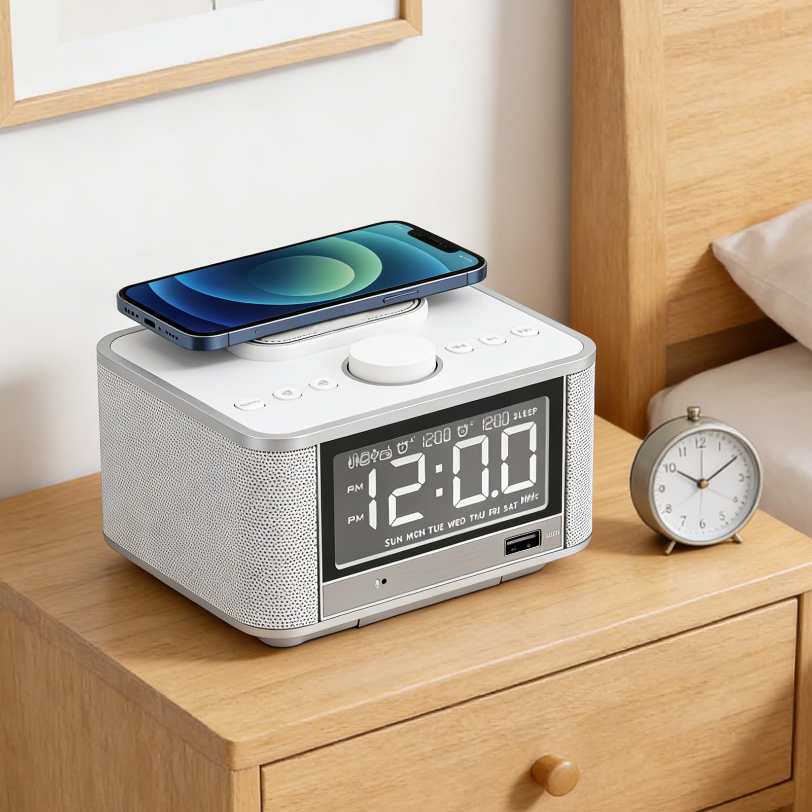 AMONIDA Sveglia con Altoparlante da 5 W, Radio FM con Ricarica Wireless, Display LCD e Porta AUX, per la Camera da Letto 'ufficio Domestico (Spina europea)