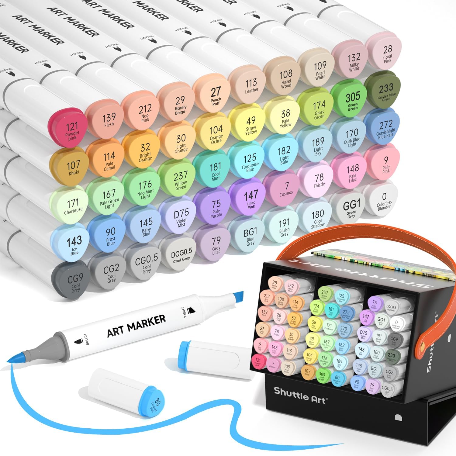 Pastel Alcohol Markers Brush tip, Dual Tip Brush & Chisel Tip Art Marker Set, 50 Colors plus 1 Blender Marker Pens with Case Perfect for Illustration Students Adults Coloring Sketching