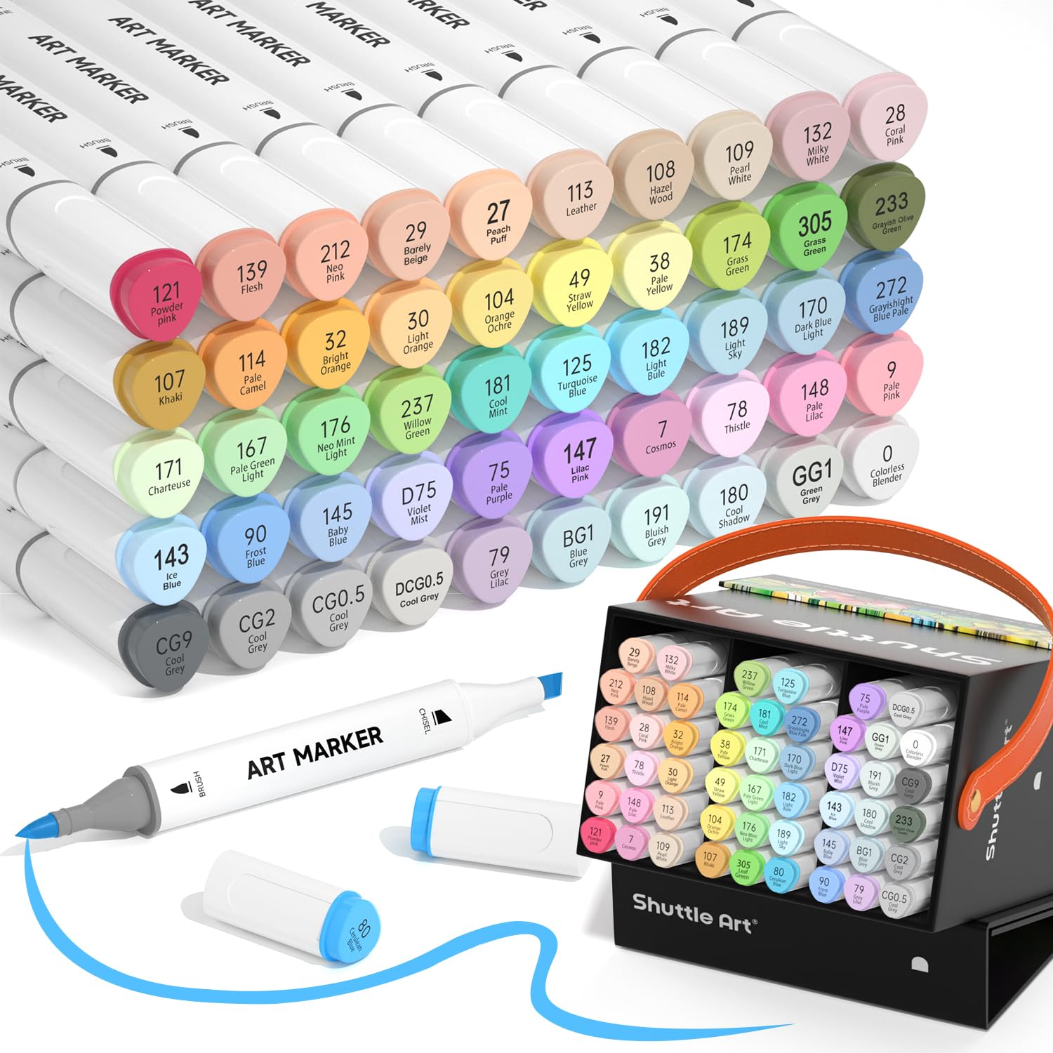 Shuttle Art Pastel Alcohol Markers Brush tip, Dual Tip Brush & Chisel Tip Art Marker Set, 50 Colors plus 1 Blender Marker Pens with Case Perfect for Illustration Students Adults Coloring Sketching