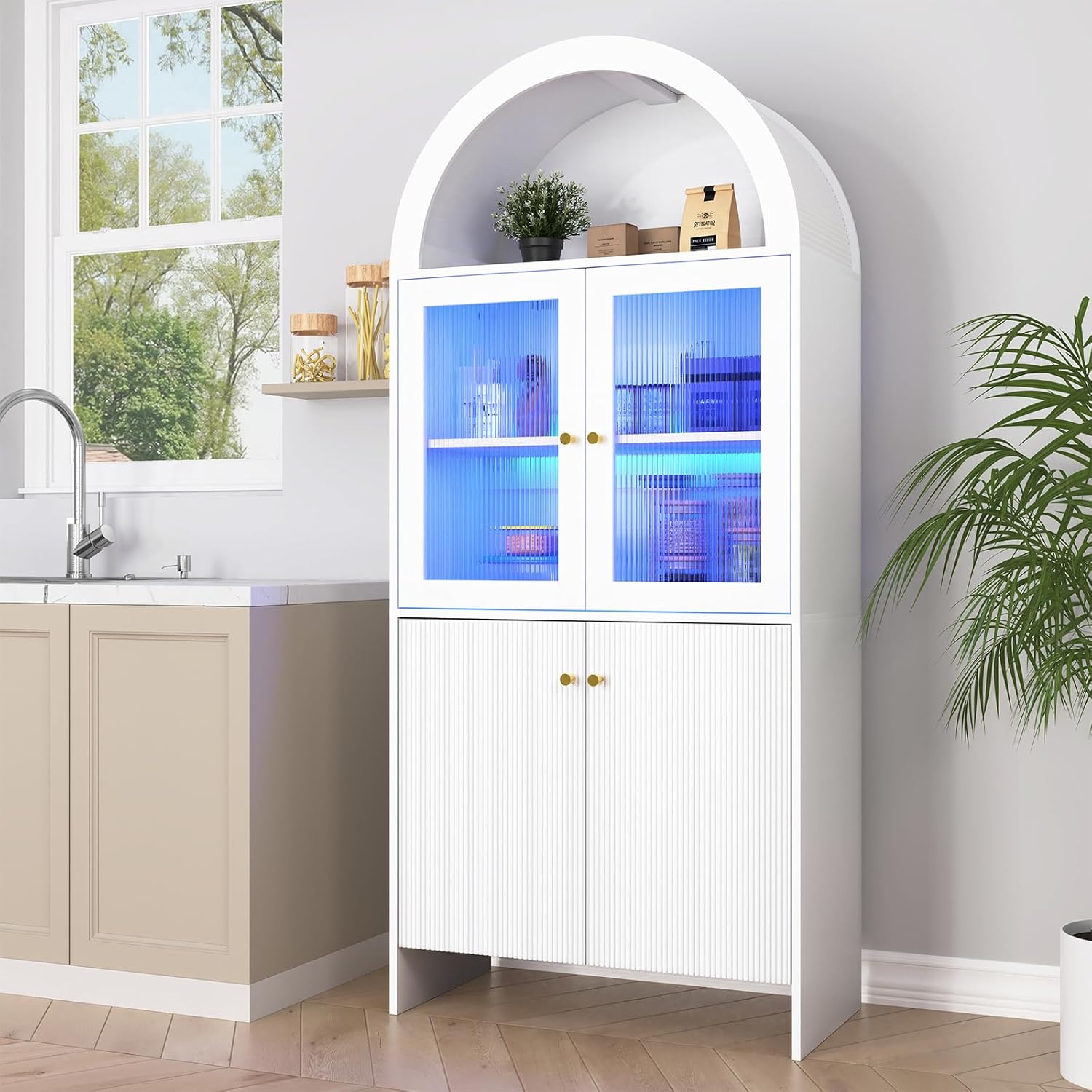 Tall Arched Kitchen Pantry Cabinet, 69'' Fluted Storage Cabinet with Led Light and Glass Door,Versatile Cupboard with Adjustable Shelf for Kitchen, Dining Room, Bathroom