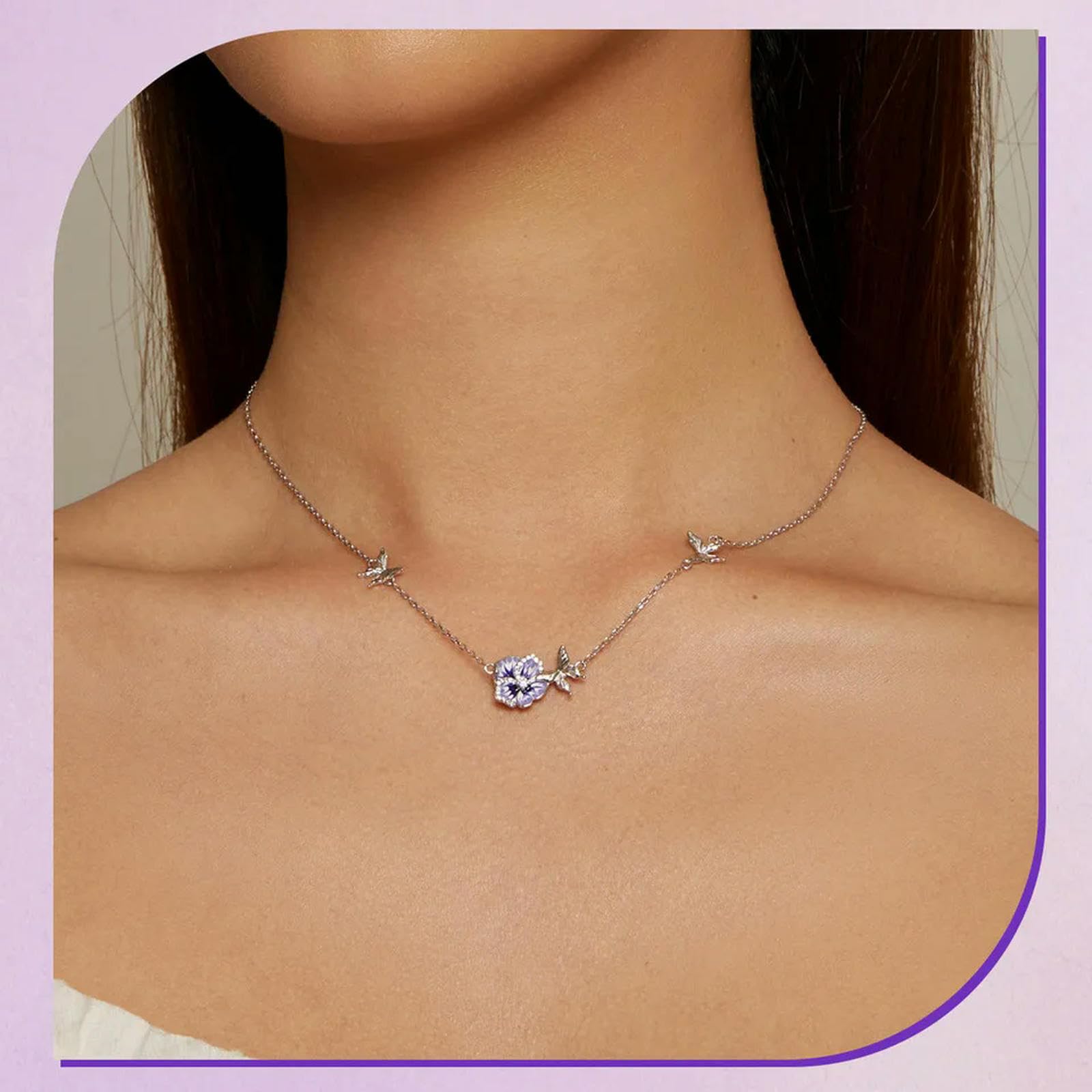 Collar Con Colgante De Flor De Pensamiento Esmaltada Morada En Plata De Ley 925, Cadena Ajustable Para El Cuello Con Mariposa Danzante Para Mujer