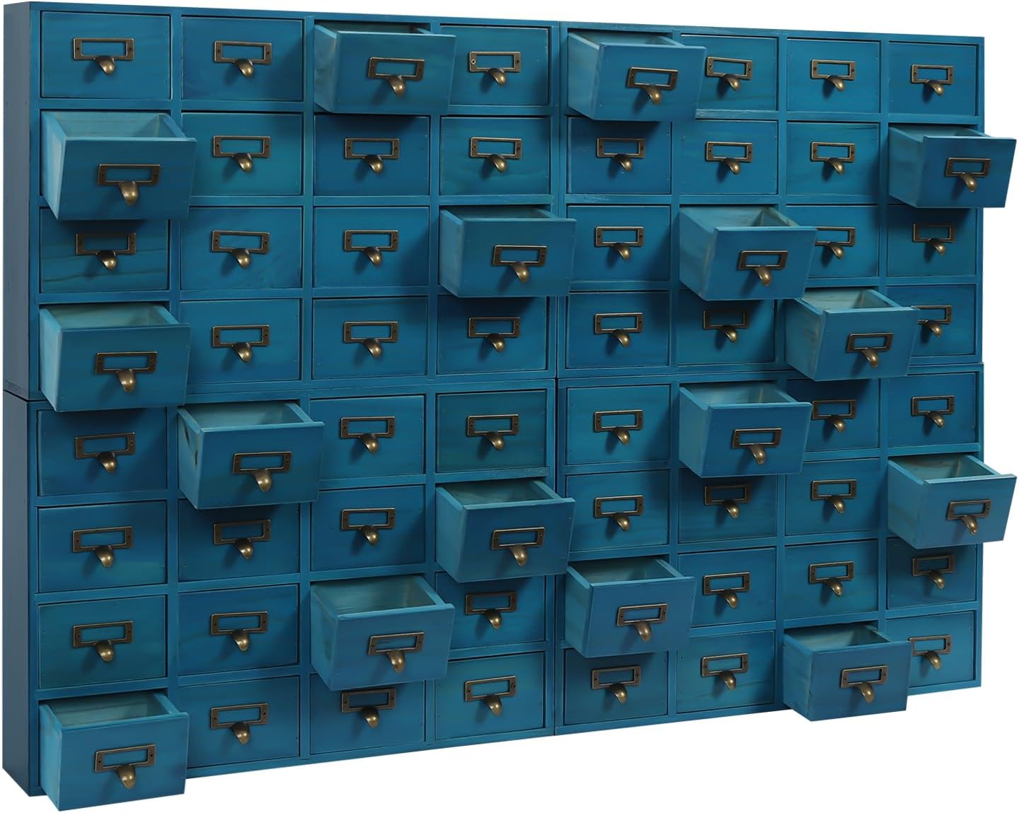 Drawers Storage Cabinet, 64 Drawers Apothecary Cabinet with Labels Apothecary 4 PCS Desk Drawer Organizer Tea Coffee Pod Storage Tool Wooden Card Catalog Storage Box for Home, Office, Shop (Blue)