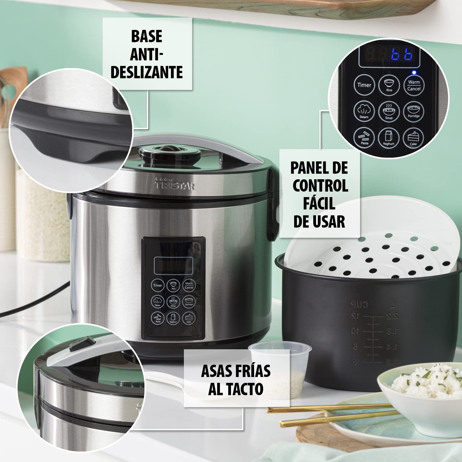 Tristar Arrocera Y Vaporera XL (2,2 L), Función Mantener Caliente 24 H, 7 Programas, Panel Digital, Temporizador, Para 8–10 Personas, Libre De BPA, Incl. Accesorios, Plata, RK-6138