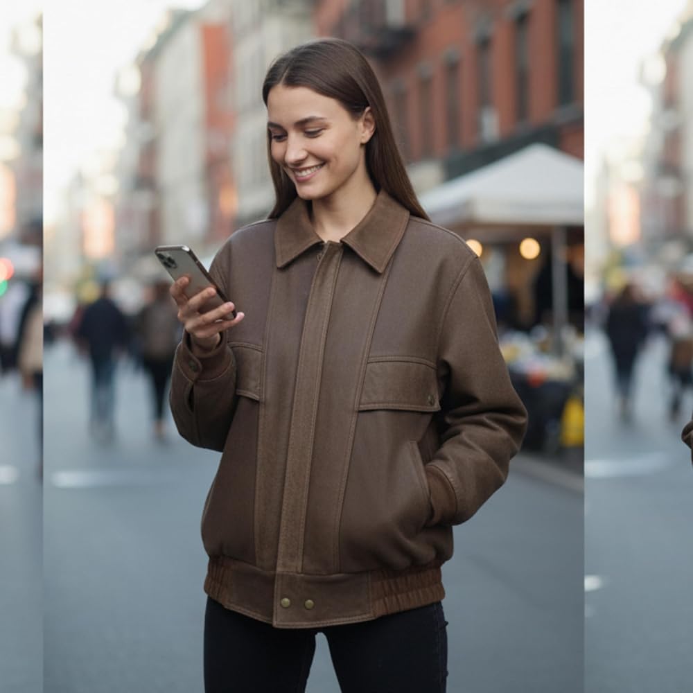 Brown Oversized Leather Jacket for Women Distressed Real Lambskin Brown Oversized Leather Jacket for Women Distressed Real Lambskin