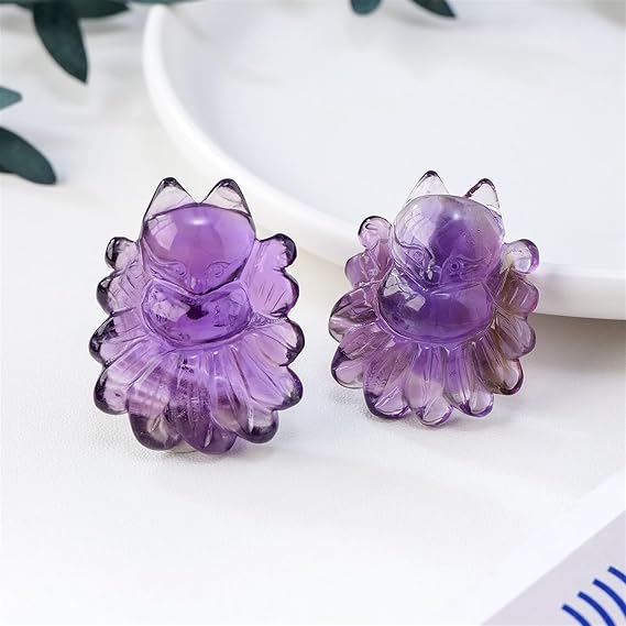 AtkitS Natural Amethyst Nine Tailed Fox Pendant Hand Carved Stone Pendant Amulet Gifts Women Men