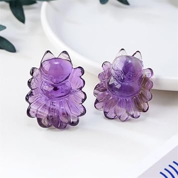 AtkitS Natural Amethyst Nine Tailed Fox Pendant Hand Carved Stone Pendant Amulet Gifts Women Men