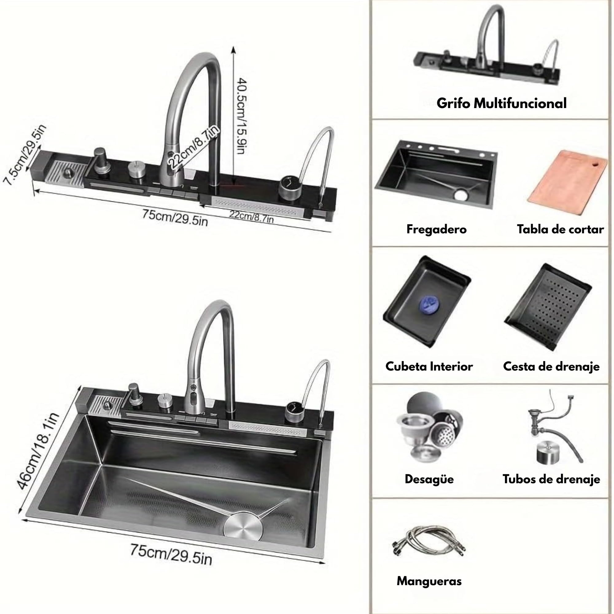 LUMS Fregadero de Cocina Multifuncional Acero Inoxidable Negro, Fregadero 1 Seno con Grifo Cascada, Pantalla Digital y Luz LED, Incluye Lava Vasos y Accesorios