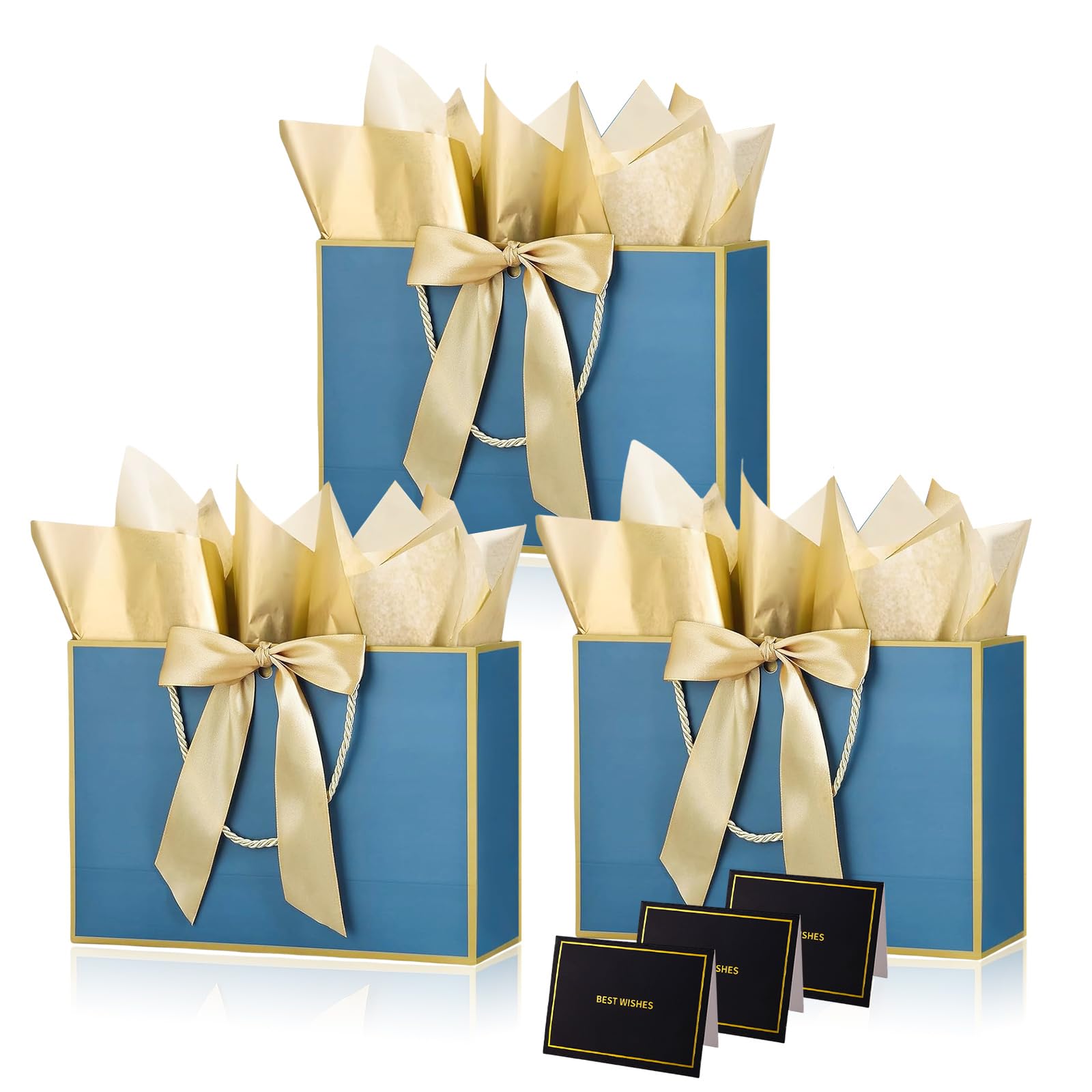 Navy Blue Gold Paper Gift Bags with Handles,3pcs Medium Gift Bags for Presents,Wrapping Gift-Bag with Bow Ribbon Tissue Papers and Cards,28 * 20 * 10cm Wrapping Bag for Christmas Birthday Wedding — image 1