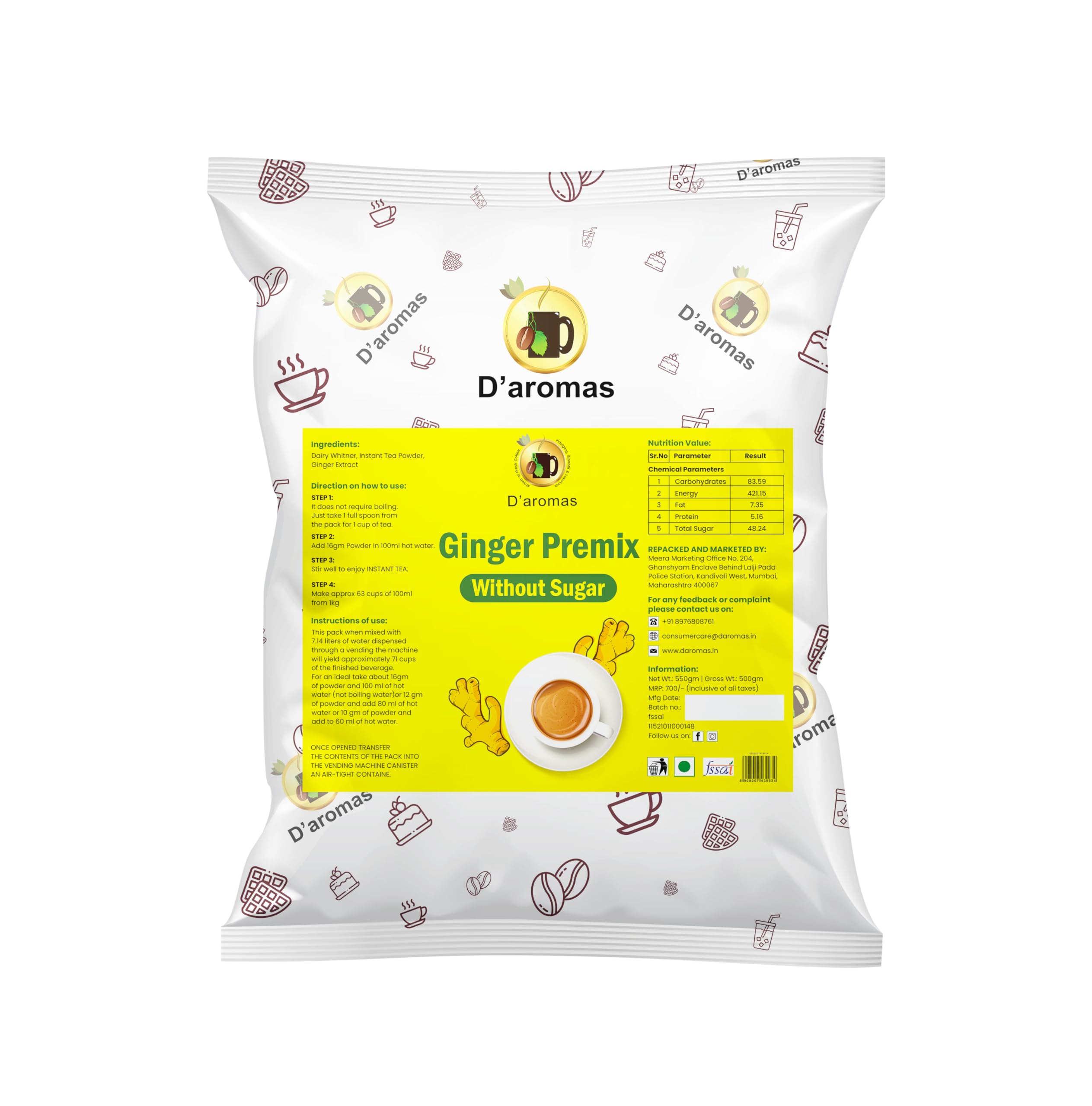 Daromas 1.5kg Ginger/Adrak Sugar Free Premix Tea Powder, Instant Ginger/Adrak Sugar Free Premix Tea, Ginger Flavour, Ready to Drink Tea for Vending Machine, Home, Hotel Etc (Each 500gm) (Pack Of 3) (B0D5YPCP4K) Amazon Price History, Amazon Price Tracker